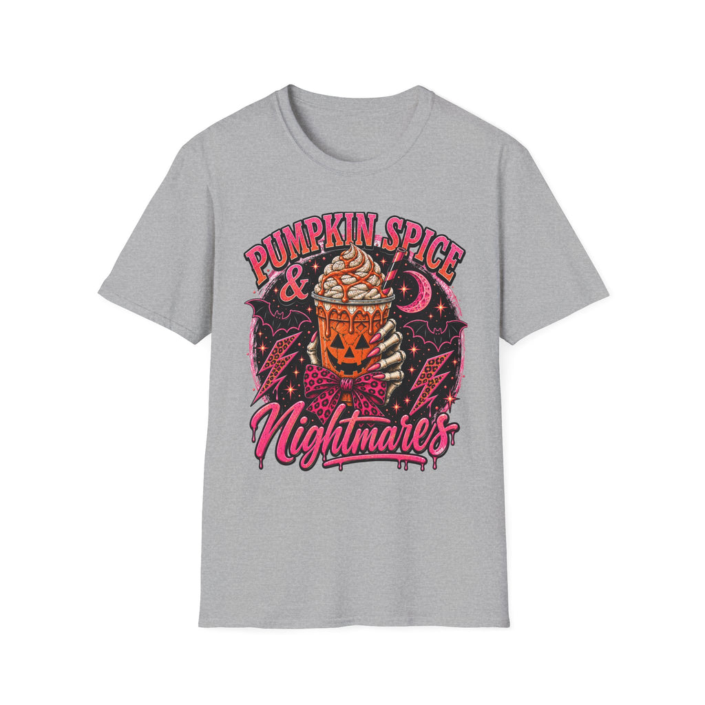 Pumpkin Spice & Nightmares T-Shirt — Halloween Fall Coffee Graphic Tee - Boo Crew Boutique