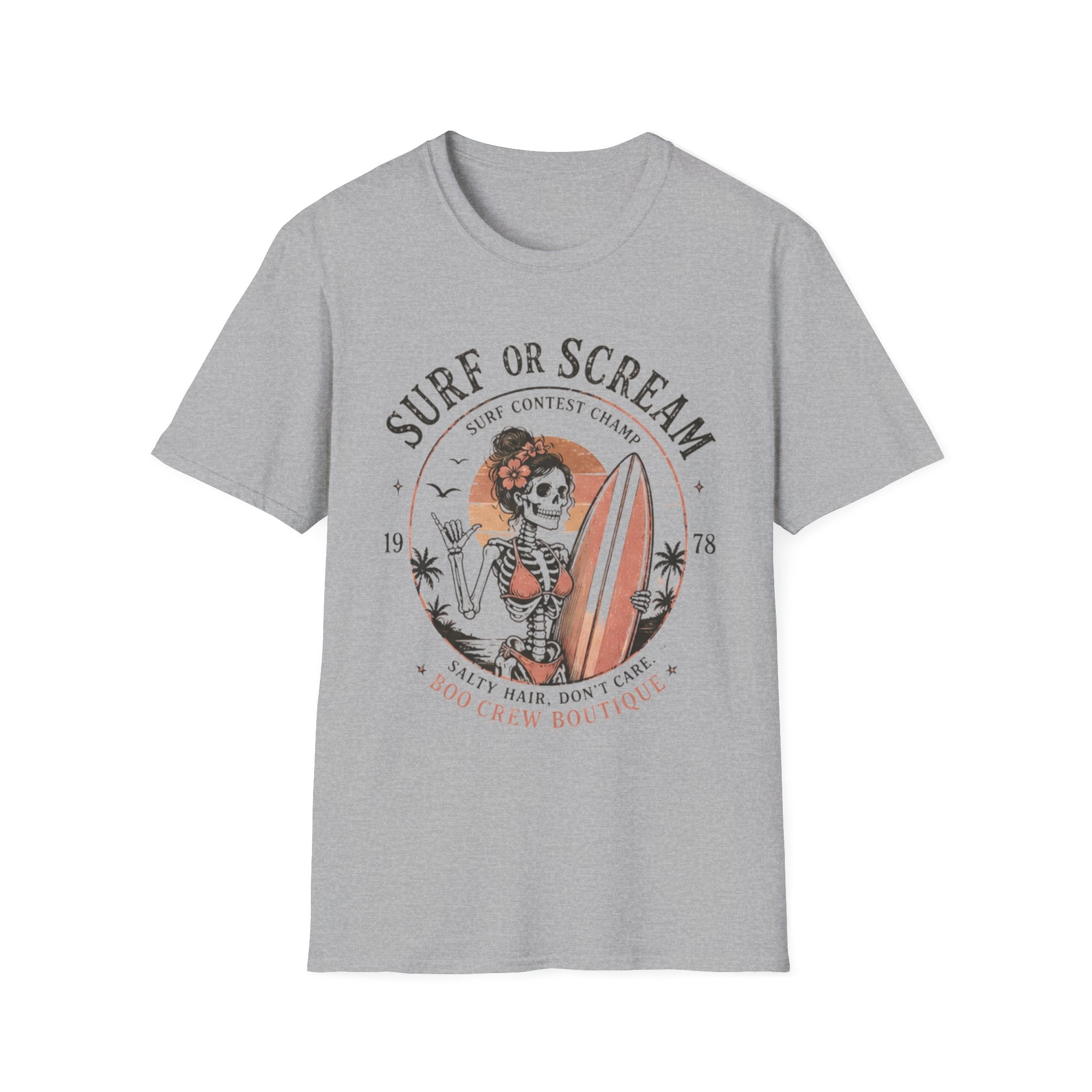 Surf or Scream T-Shirt — Vintage Skeleton Surfing Graphic Tee - Boo Crew Boutique