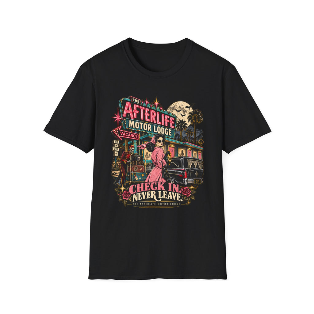 Afterlife Motor Lodge T-Shirt — 'Check In Never Leave' Retro Neon Horror Tee