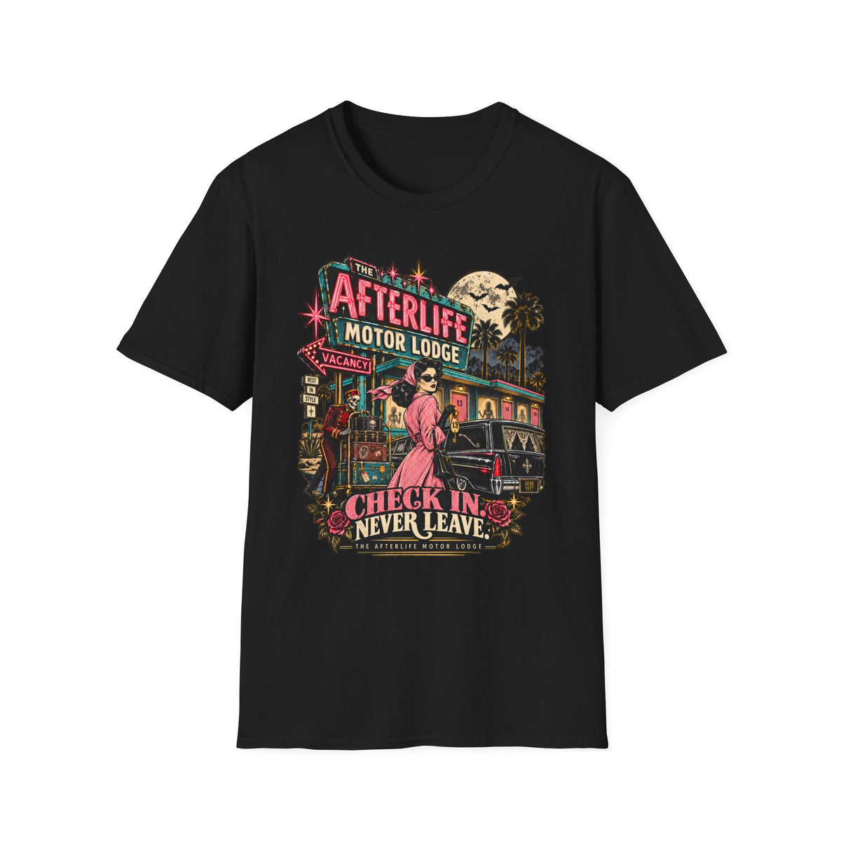 Afterlife Motor Lodge T-Shirt — 'Check In Never Leave' Retro Neon Horror Tee