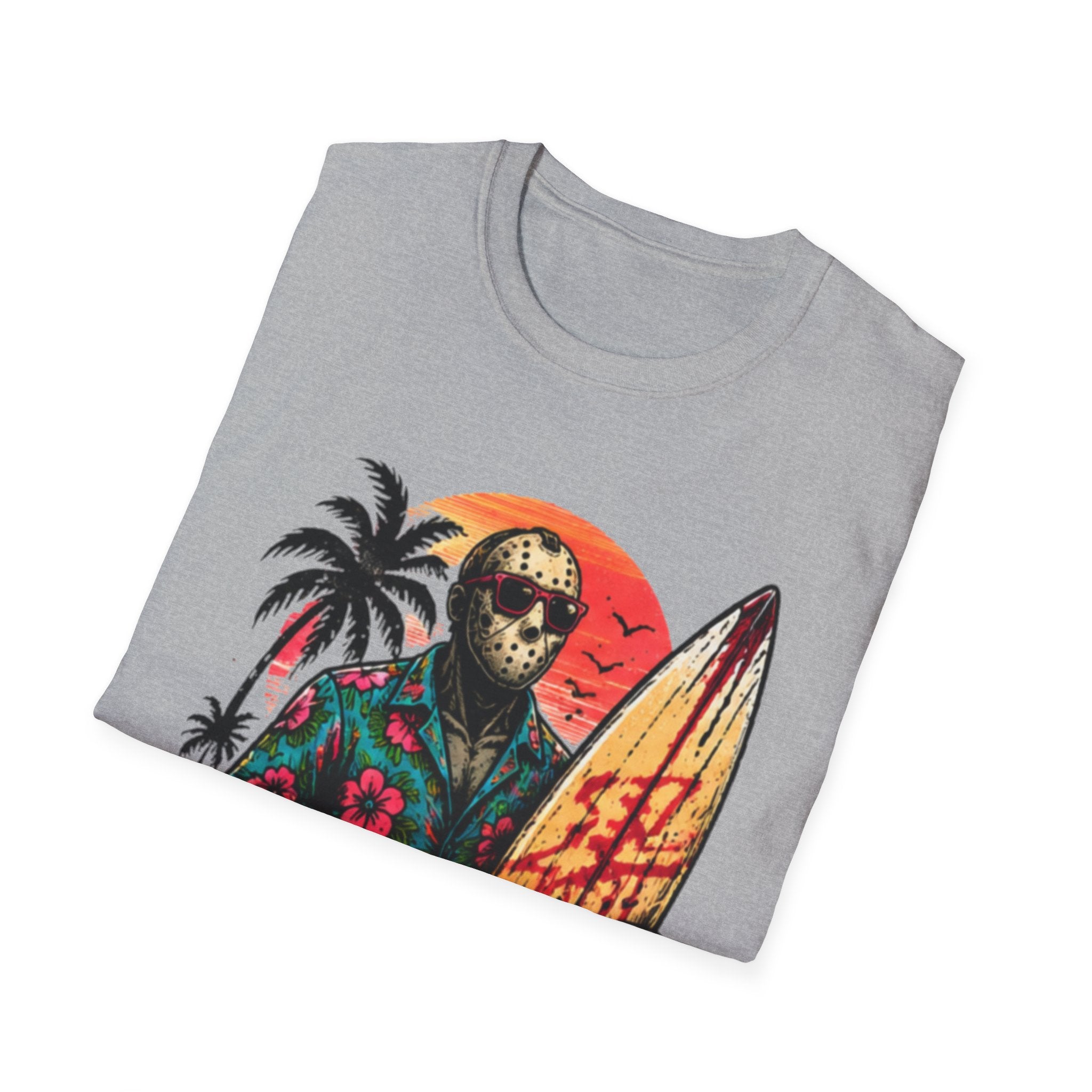 Horror Surfer T‑Shirt — Retro Jason Mask Beach Surf Design - Boo Crew Boutique