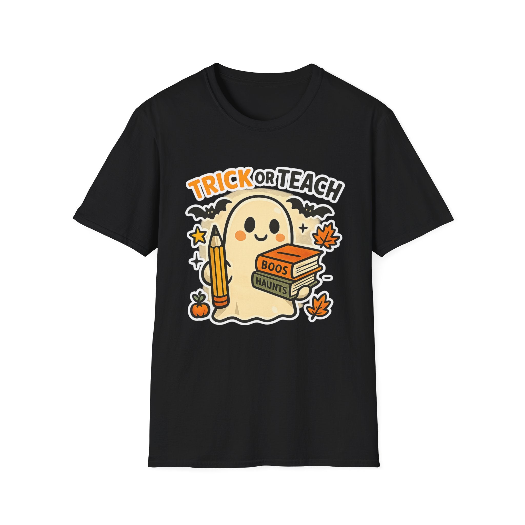 Trick or Teach Halloween Teacher T‑Shirt — Cute Ghost with Books & Pencil - Boo Crew Boutique