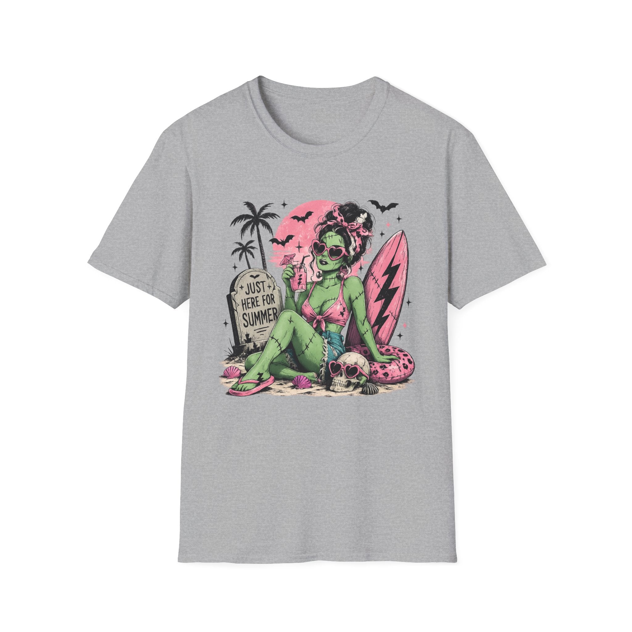 Zombie Pinup Beach T-Shirt — "Just Here for Summer" Retro Surf Tee - Boo Crew Boutique
