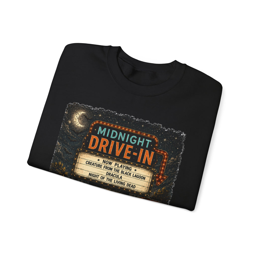 Midnight Drive-In Crewneck Sweatshirt — Vintage Horror Marquee Graphic - Boo Crew Boutique