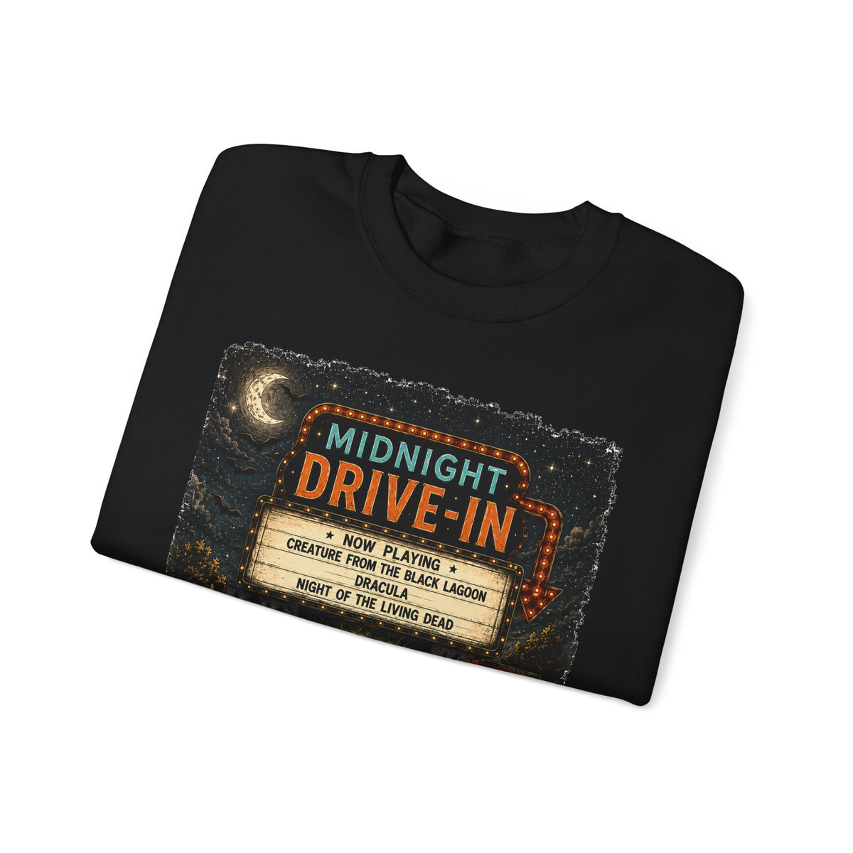 Midnight Drive-In Crewneck Sweatshirt — Vintage Horror Marquee Graphic - Boo Crew Boutique