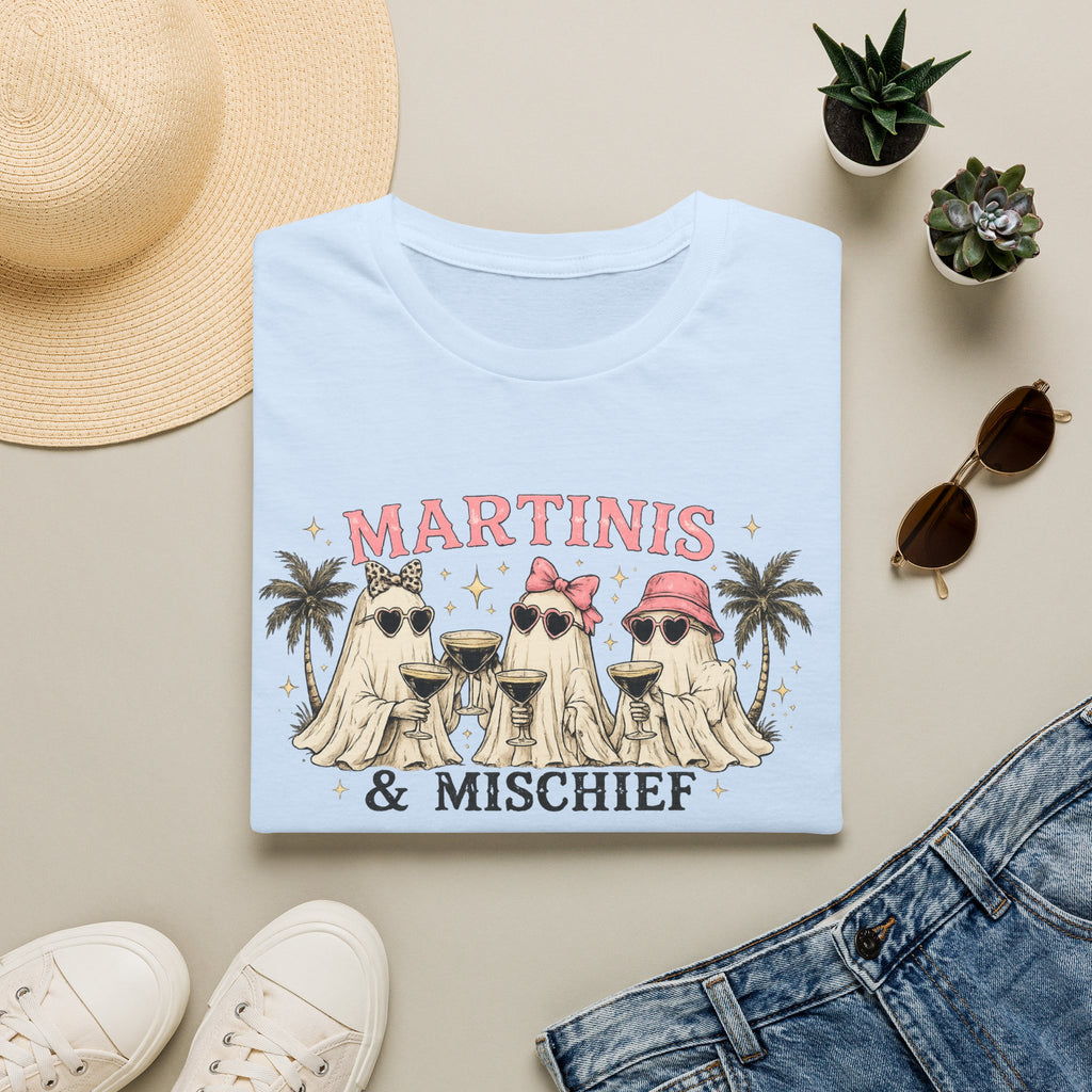 Martinis & Mischief T-Shirt — Funny Ghost Cocktail Tee for Women, Beachy Palm Party Shirt - Boo Crew Boutique