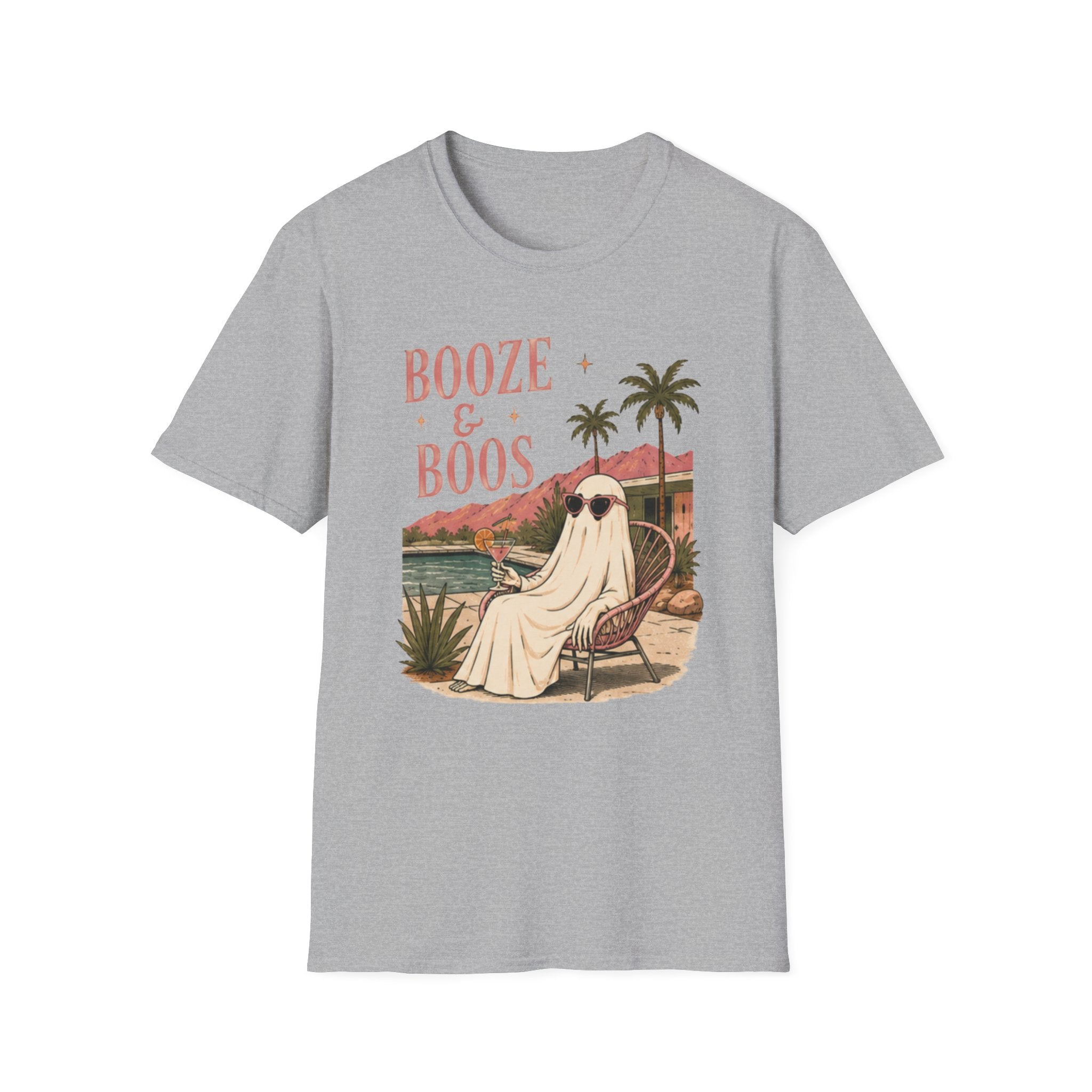 Booze & Boos T‑Shirt — Retro Palm Tree Ghost Graphic - Boo Crew Boutique