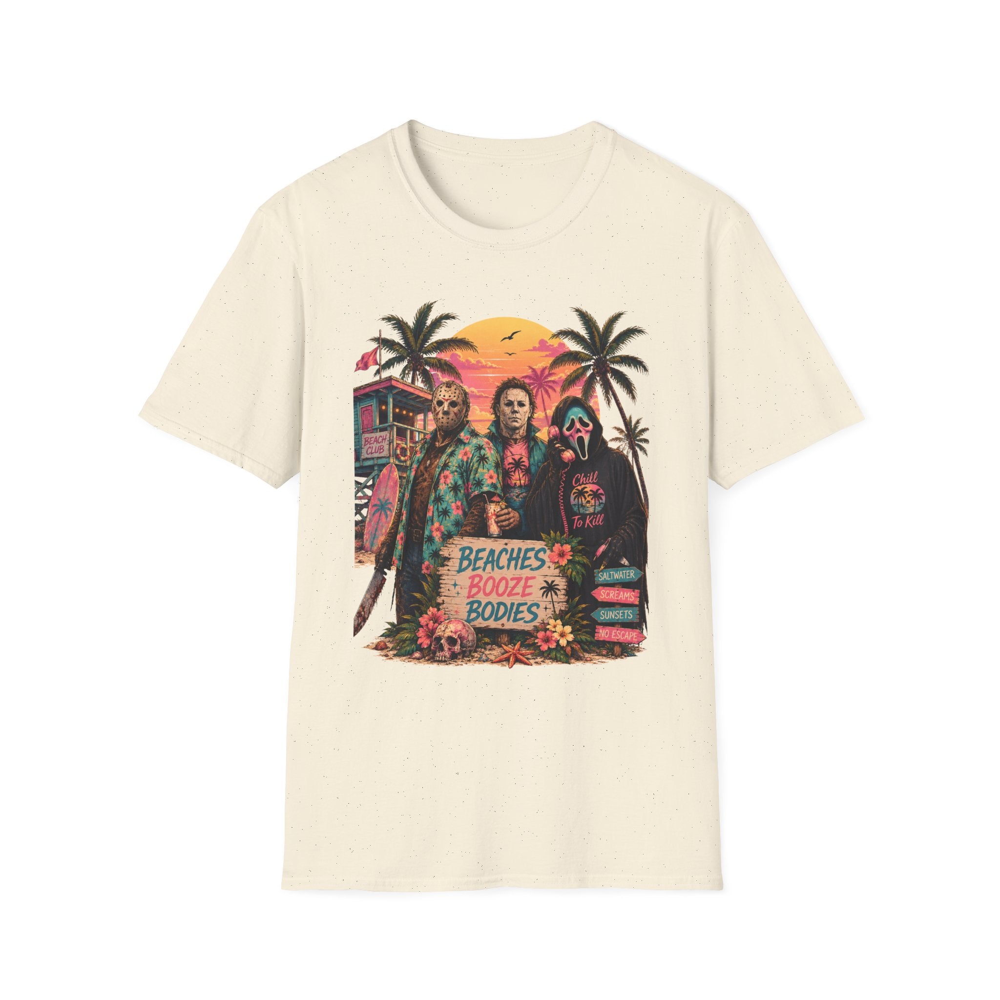 Horror Beach T-Shirt — 'Beaches, Booze & Bodies' Retro Sunset Graphic - Boo Crew Boutique