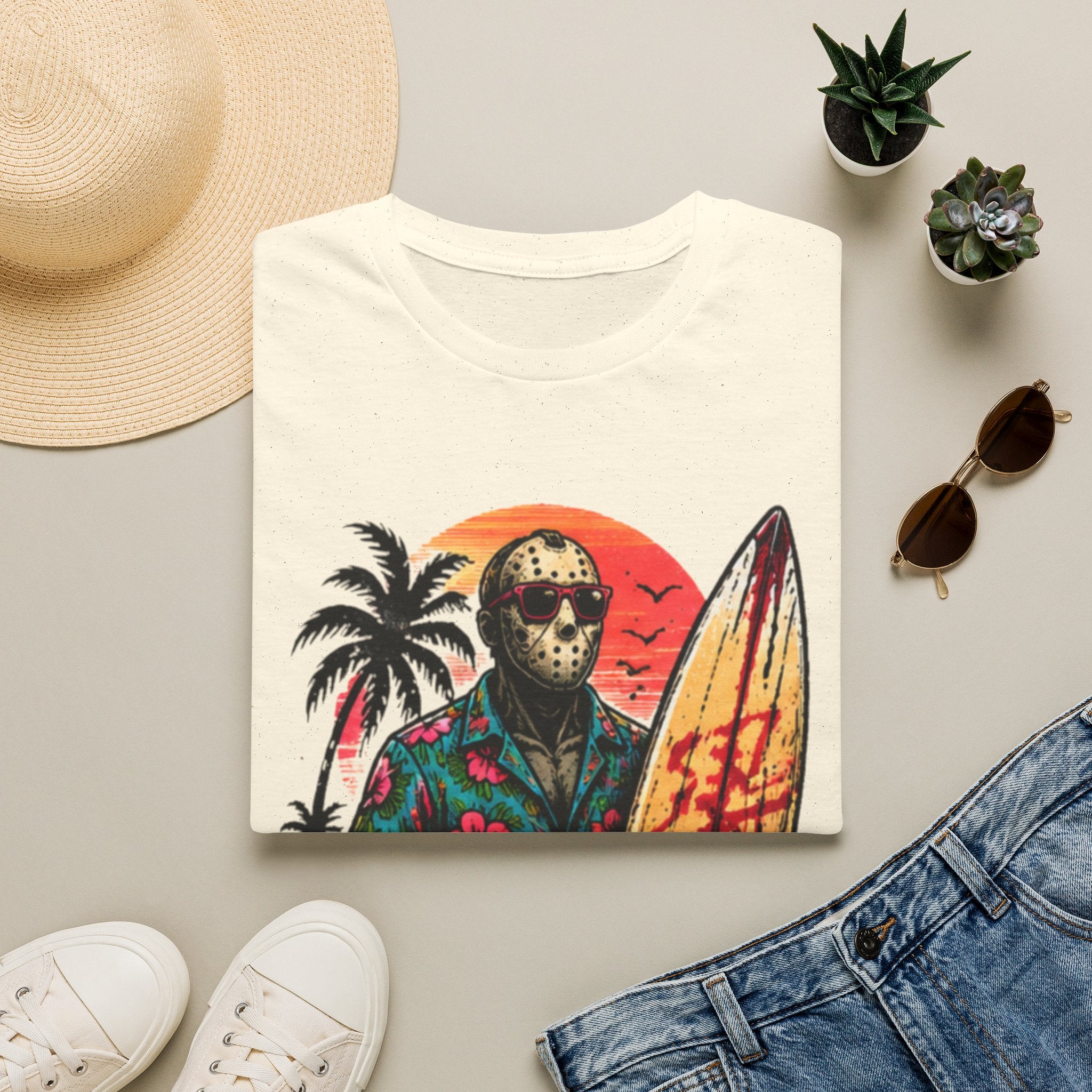 Horror Surfer T‑Shirt — Retro Jason Mask Beach Surf Design