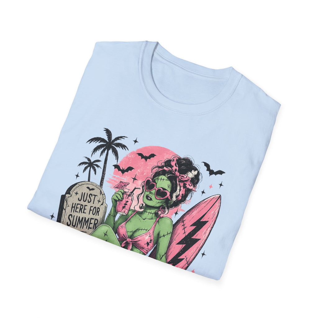 Zombie Pinup Beach T-Shirt — "Just Here for Summer" Retro Surf Tee - Boo Crew Boutique