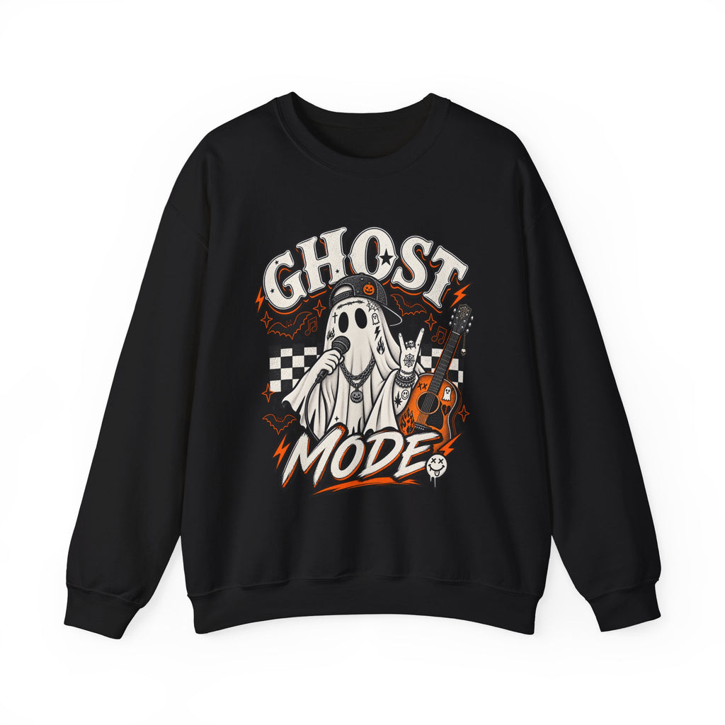 Ghost Mode Graphic Sweatshirt — Retro Rocking Ghost with Guitar - Boo Crew Boutique