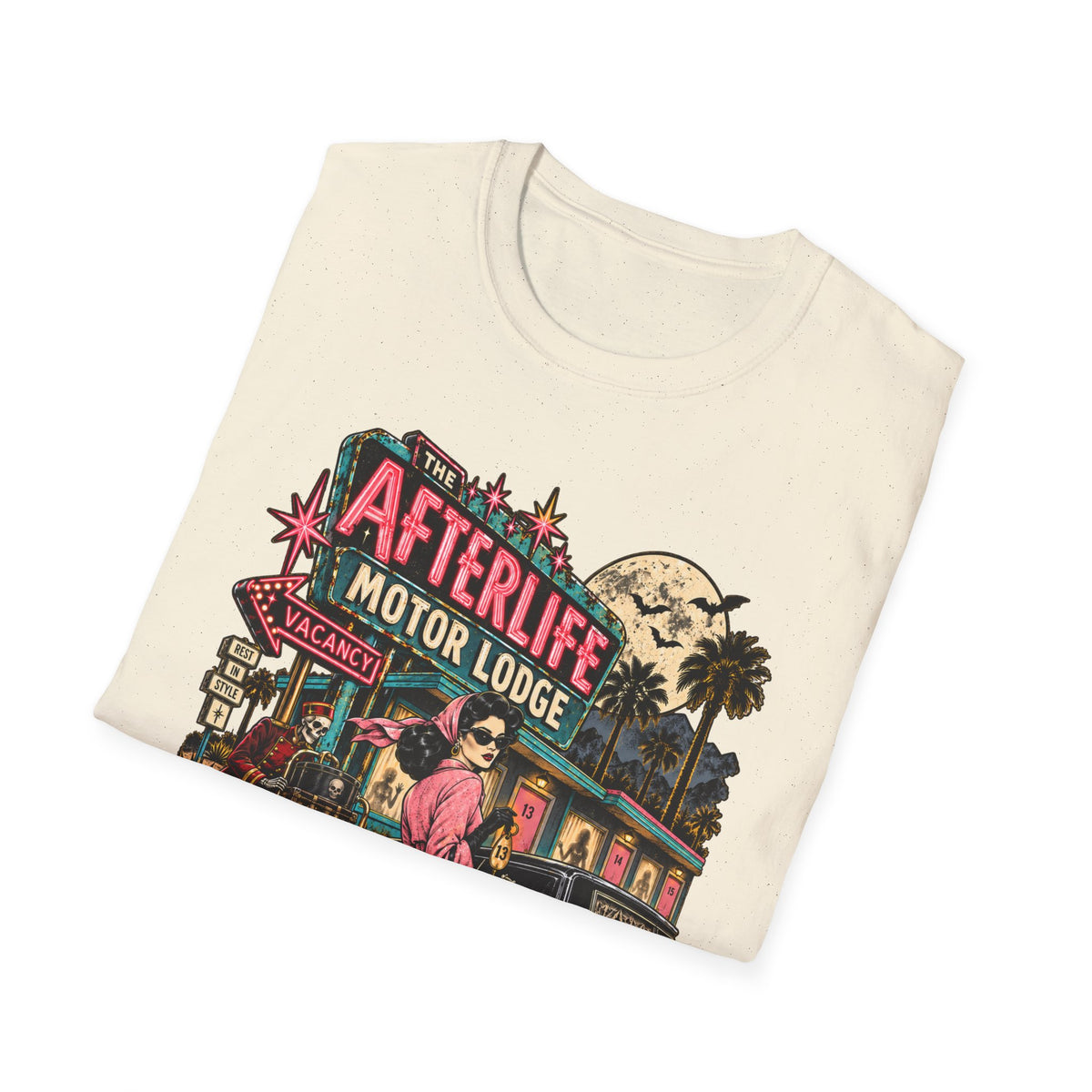 Afterlife Motor Lodge T-Shirt — 'Check In Never Leave' Retro Neon Horror Tee - Boo Crew Boutique