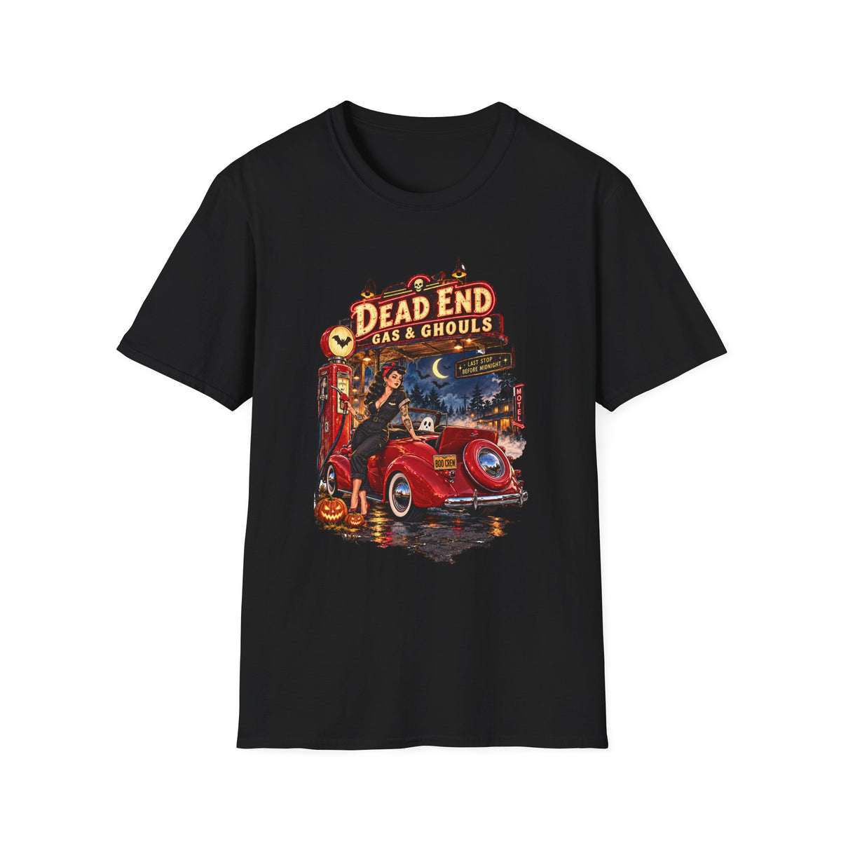 Dead End Gas & Ghouls Vintage Car Halloween T-Shirt - Boo Crew Boutique