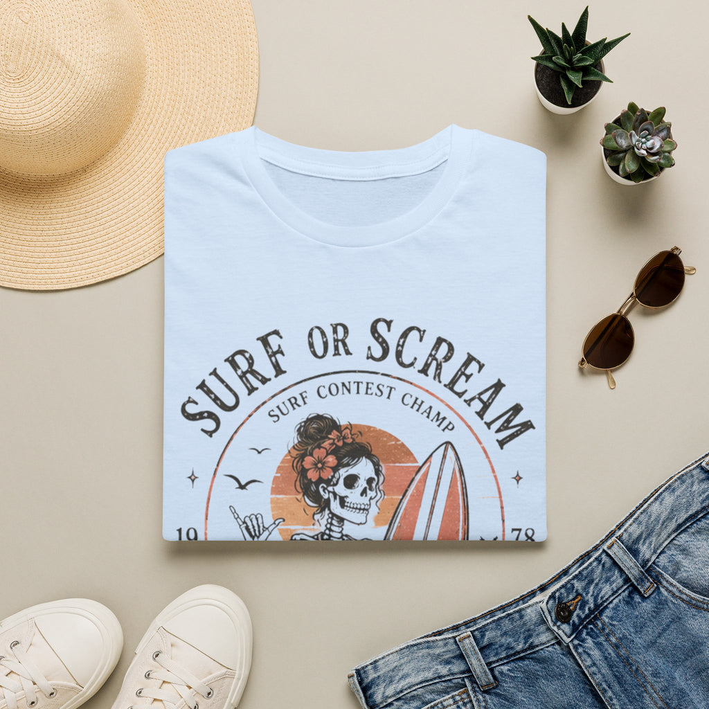 Surf or Scream T-Shirt — Vintage Skeleton Surfing Graphic Tee - Boo Crew Boutique