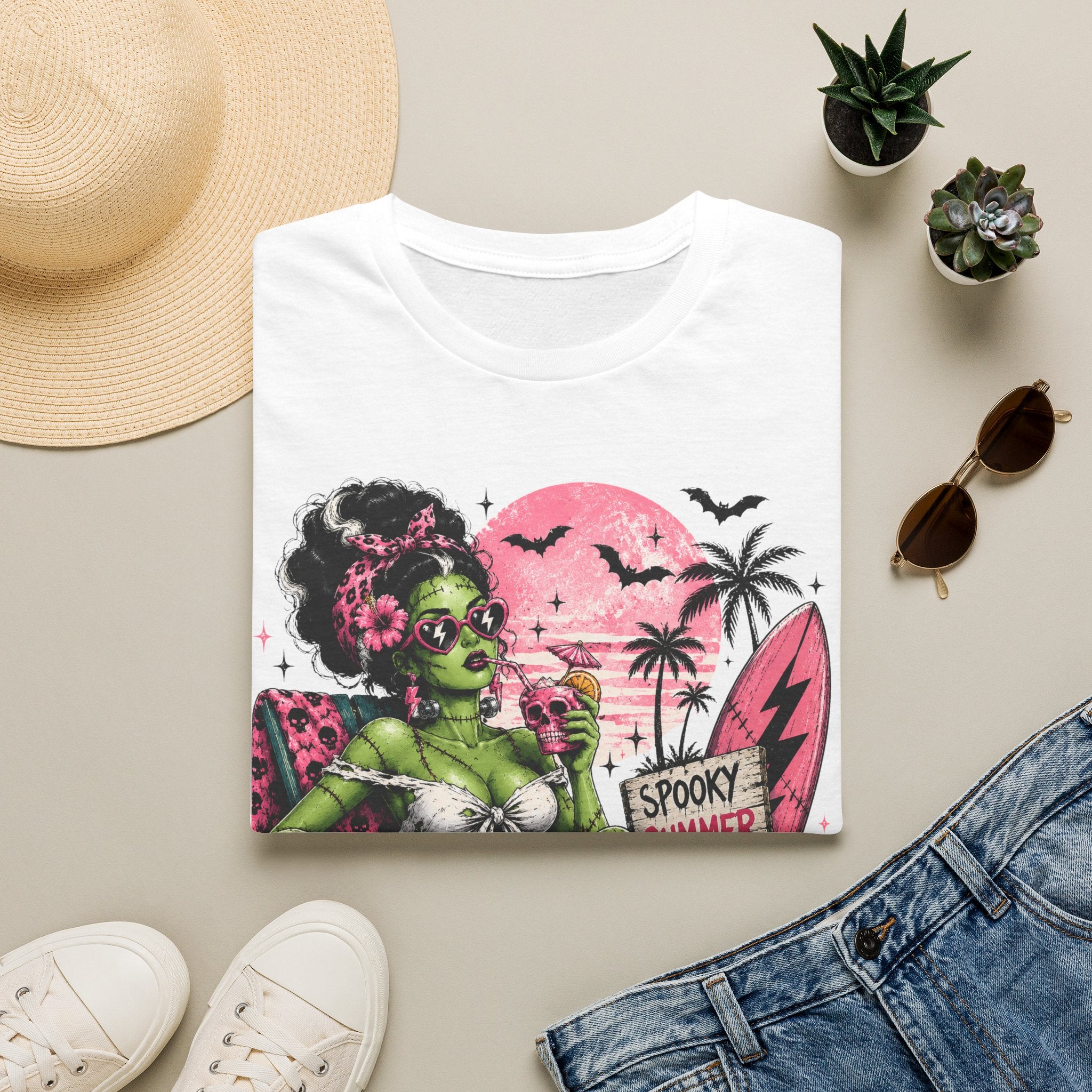 Spooky Summer Pin - Up T-Shirt — Retro Green Frankenstein Girl Beach Tee - Boo Crew Boutique