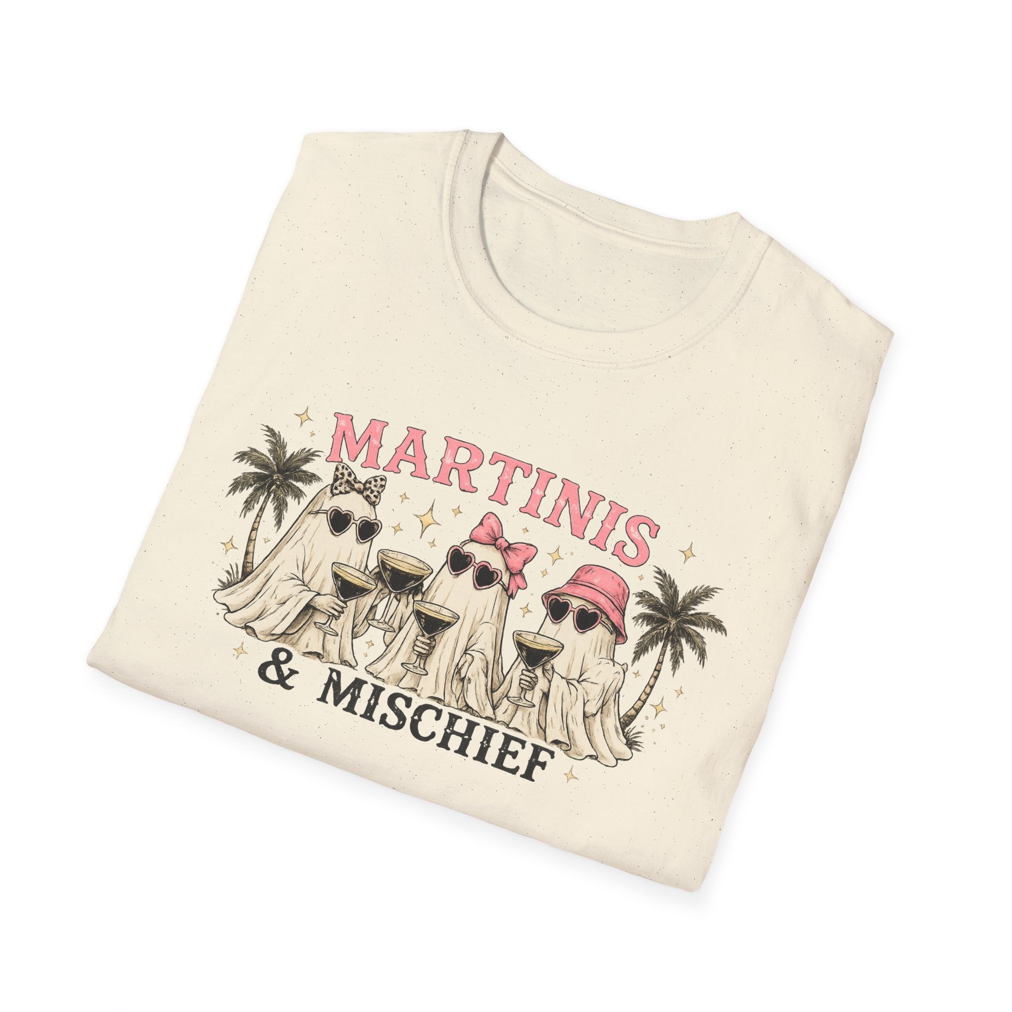 Martinis & Mischief T-Shirt — Funny Ghost Cocktail Tee for Women, Beachy Palm Party Shirt - Boo Crew Boutique