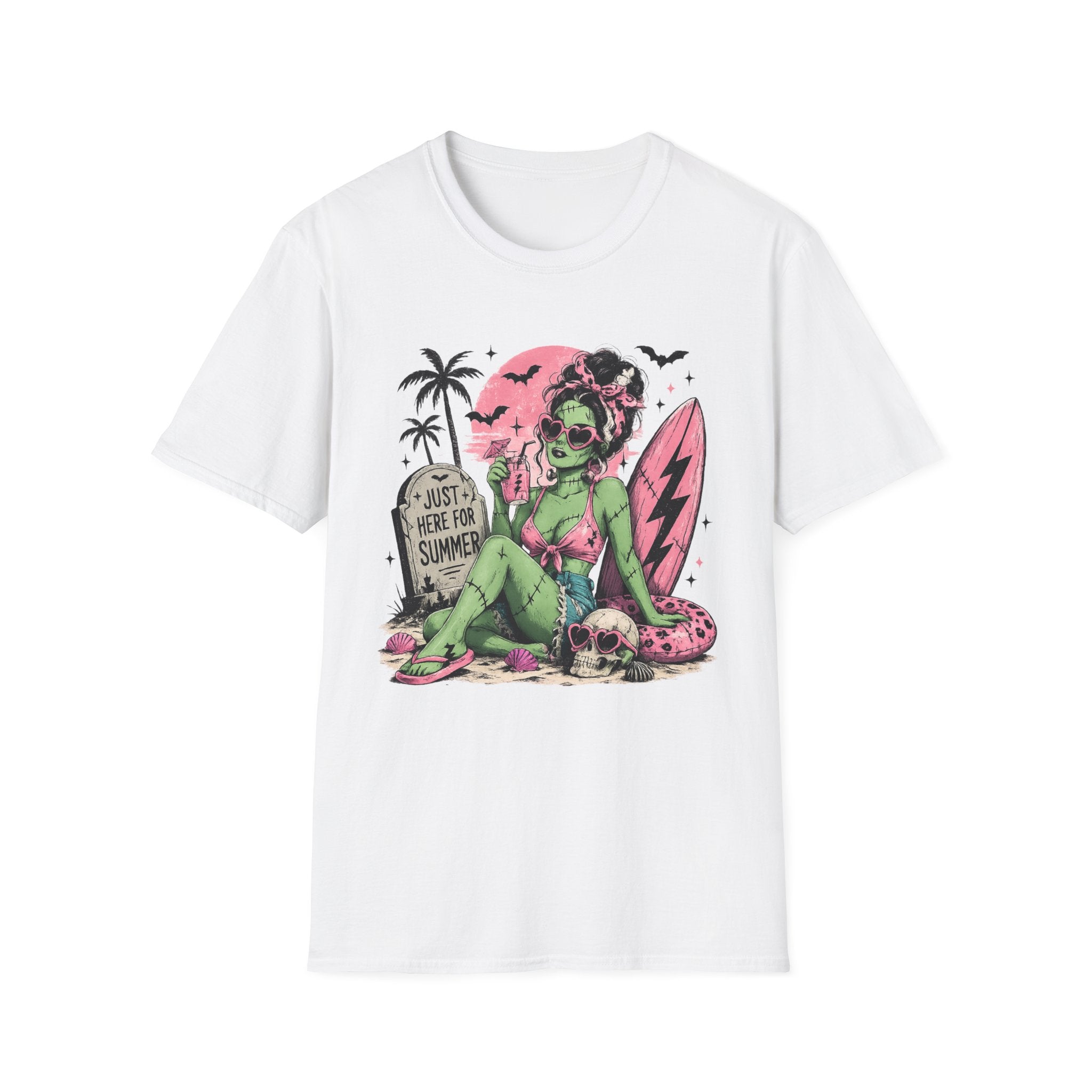 Zombie Pinup Beach T-Shirt — "Just Here for Summer" Retro Surf Tee - Boo Crew Boutique
