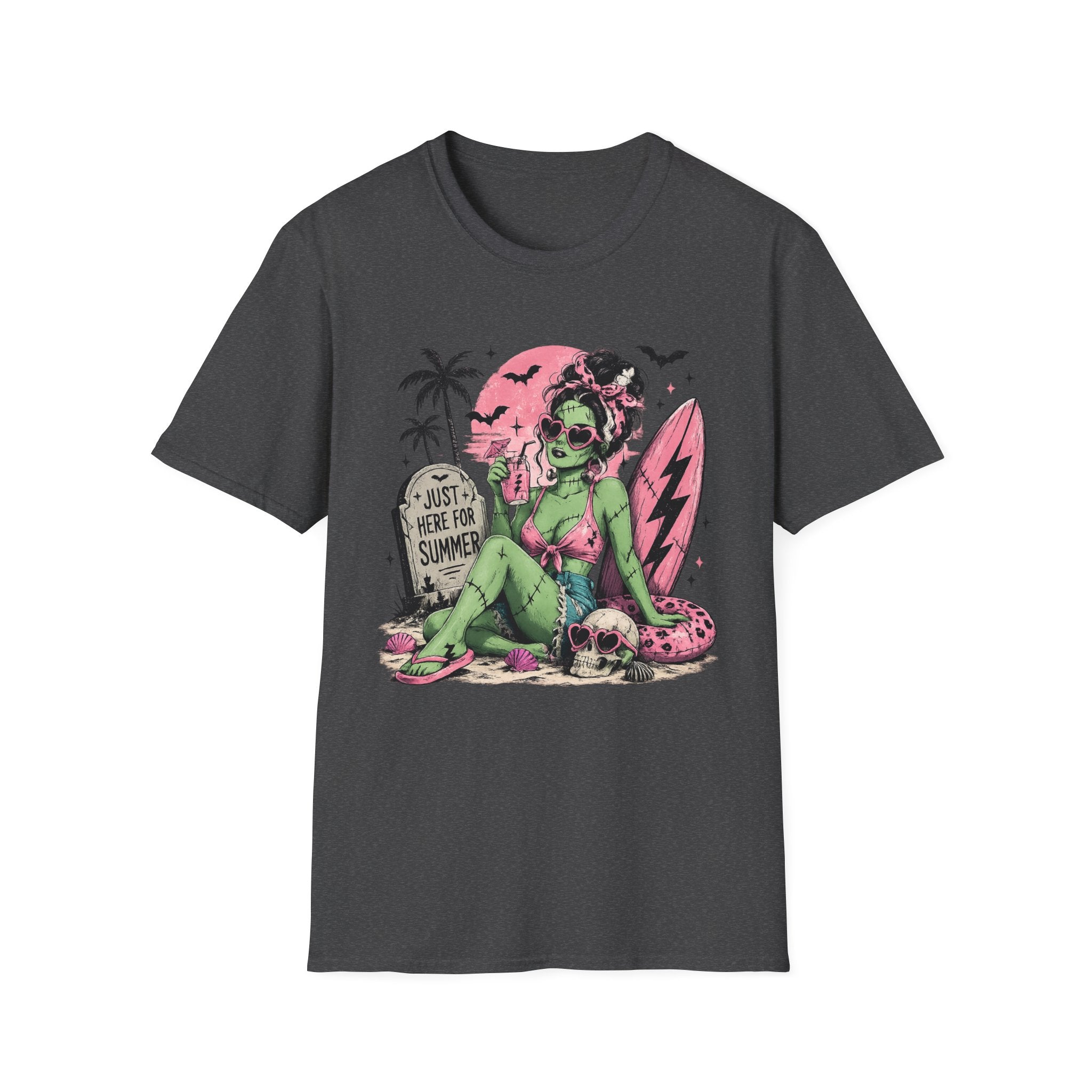 Zombie Pinup Beach T-Shirt — "Just Here for Summer" Retro Surf Tee - Boo Crew Boutique
