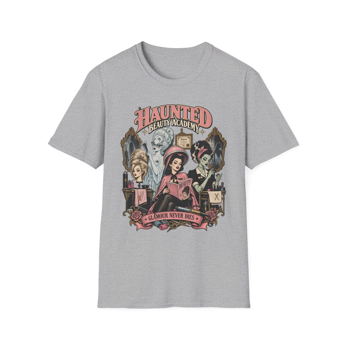 Haunted Beauty Academy Tee — Vintage Gothic Halloween T-Shirt - Boo Crew Boutique