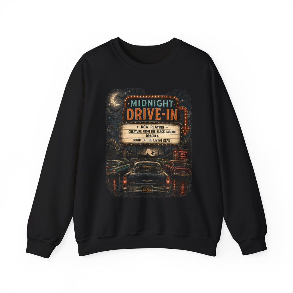 Midnight Drive-In Crewneck Sweatshirt — Vintage Horror Marquee Graphic