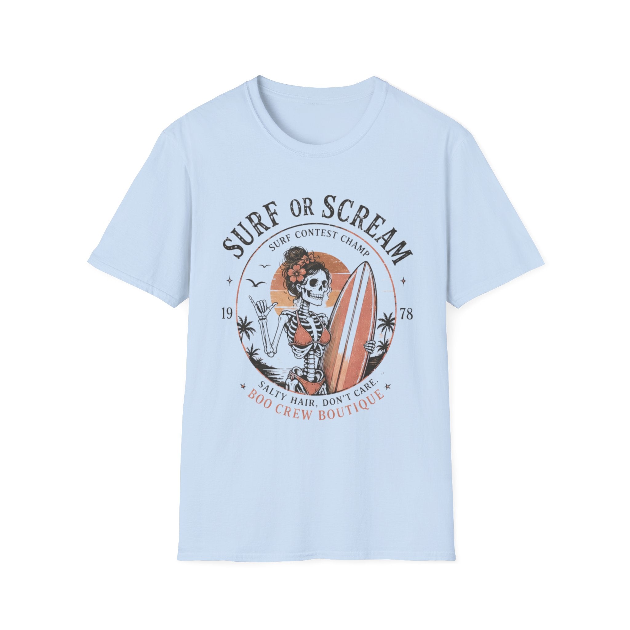 Surf or Scream T-Shirt — Vintage Skeleton Surfing Graphic Tee - Boo Crew Boutique