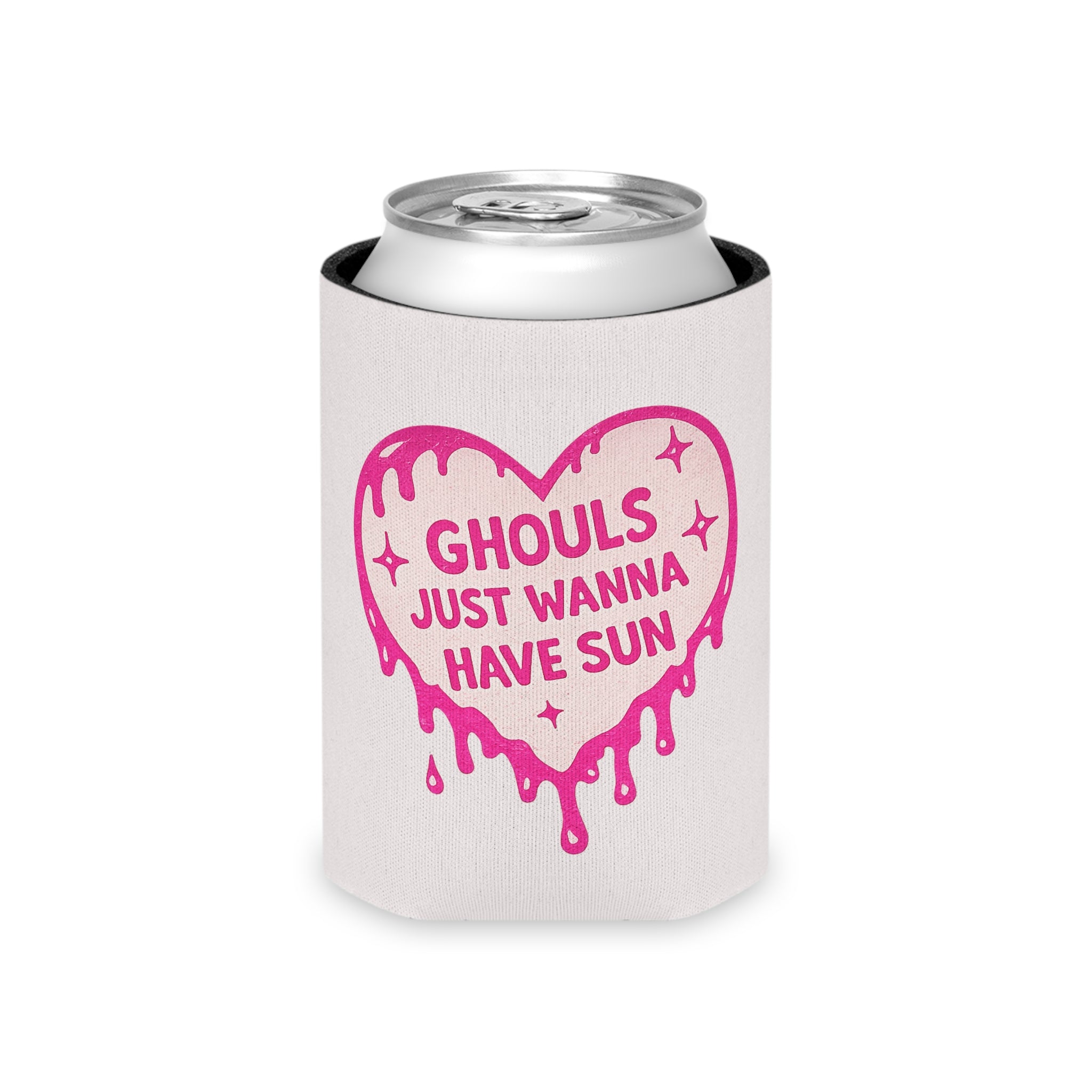 Ghouls Just Wanna Have Sun Can Cooler — Pink Drippy Heart Beverage Koozie - Boo Crew Boutique