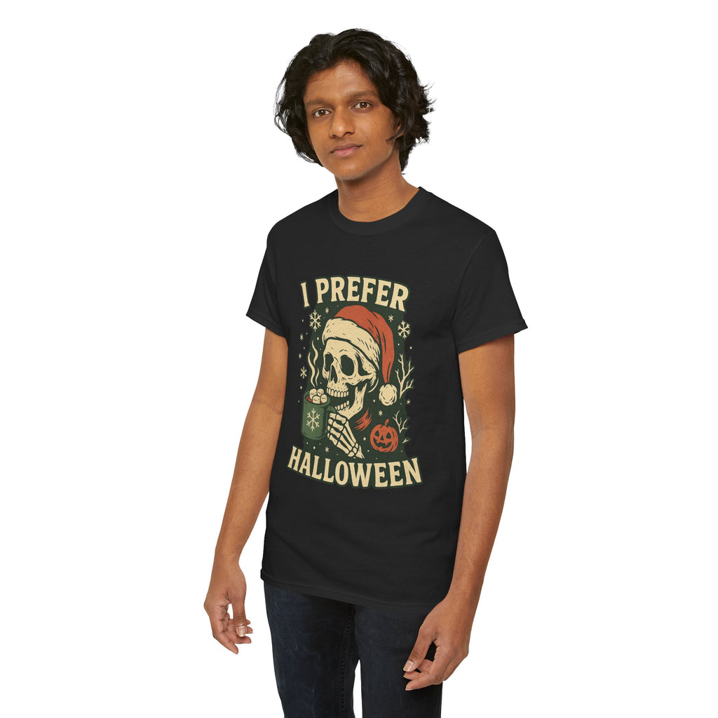 I Prefer Halloween Skull Santa Tee | Retro Halloween Skeleton Graphic, Christmas Skull Shirt - Boo Crew Boutique