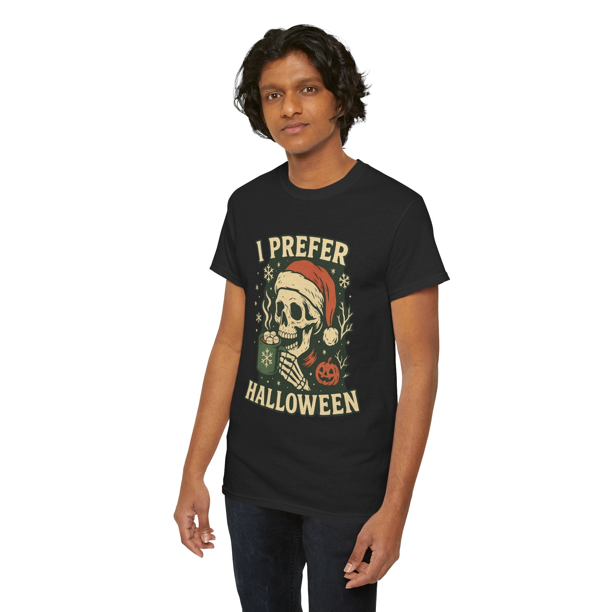 I Prefer Halloween Skull Santa Tee | Retro Halloween Skeleton Graphic, Christmas Skull Shirt - Boo Crew Boutique
