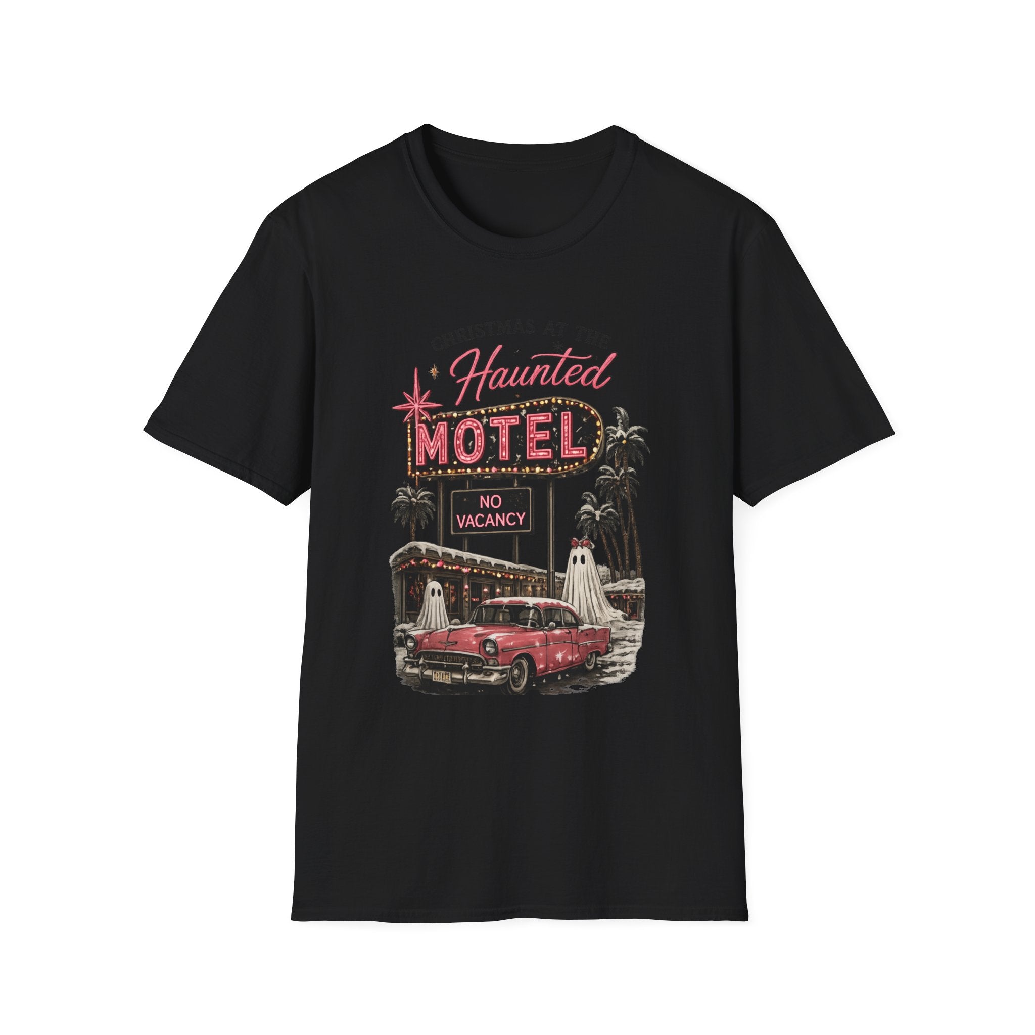 Christmas at the Haunted Motel T-Shirt — Vintage Neon Holiday Tee - Boo Crew Boutique