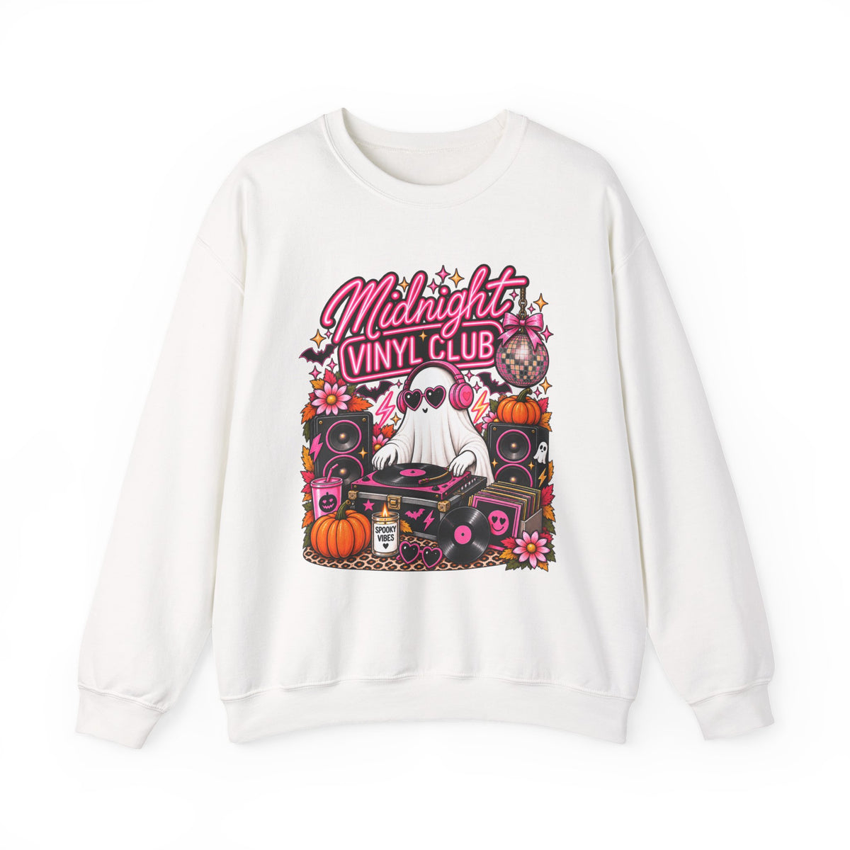 Midnight Vinyl Club Sweatshirt — Retro DJ Ghost Halloween Crewneck - Boo Crew Boutique