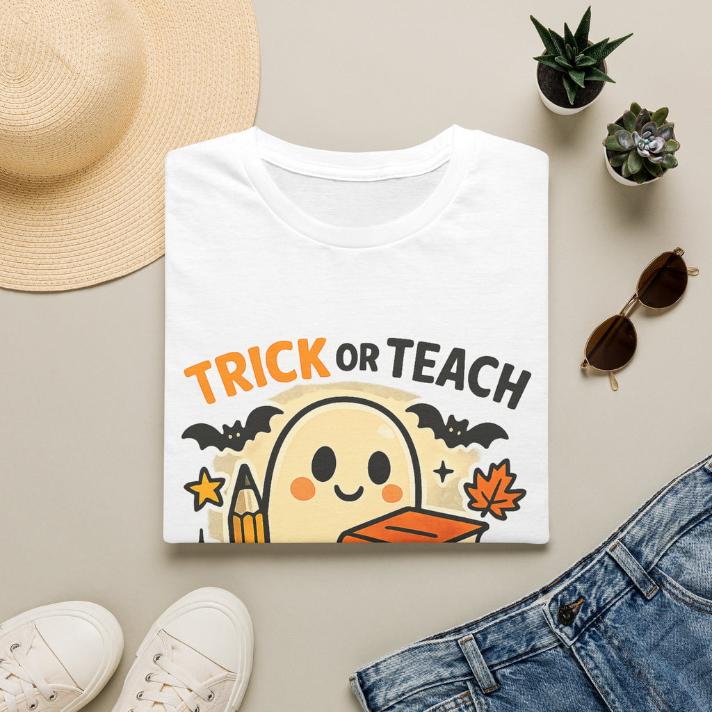 Trick or Teach Halloween Teacher T‑Shirt — Cute Ghost with Books & Pencil - Boo Crew Boutique