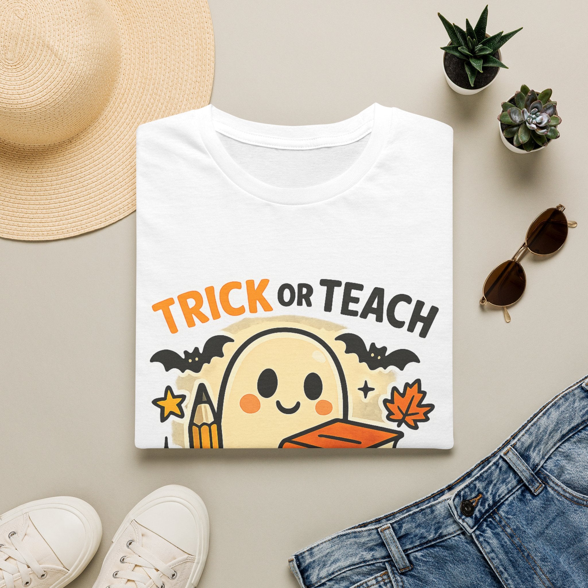 Trick or Teach Halloween Teacher T‑Shirt — Cute Ghost with Books & Pencil - Boo Crew Boutique