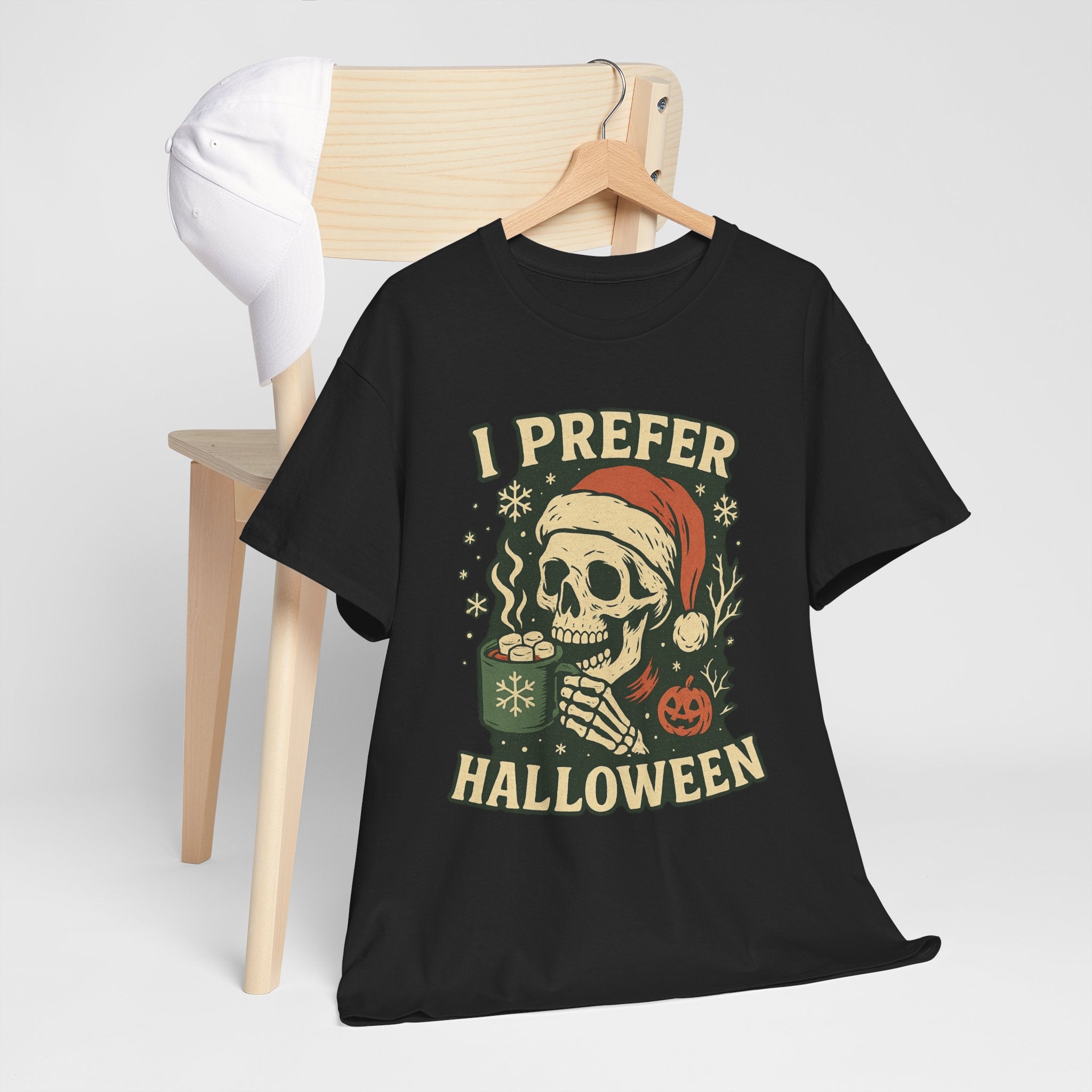 I Prefer Halloween Skull Santa Tee | Retro Halloween Skeleton Graphic, Christmas Skull Shirt - Boo Crew Boutique