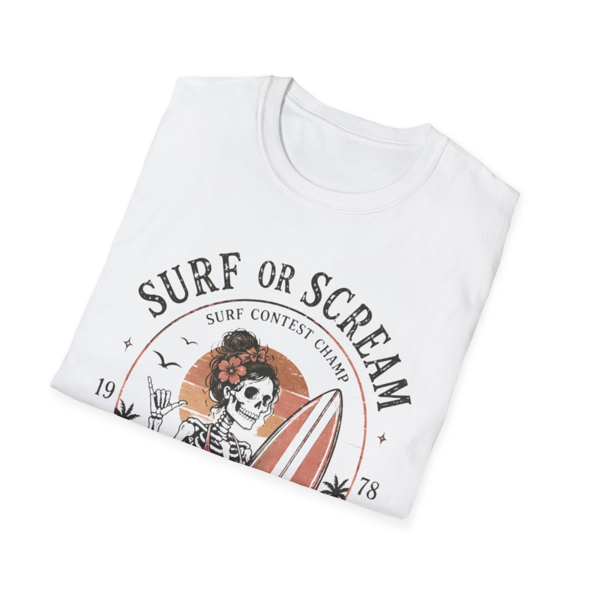 Surf or Scream T-Shirt — Vintage Skeleton Surfing Graphic Tee - Boo Crew Boutique