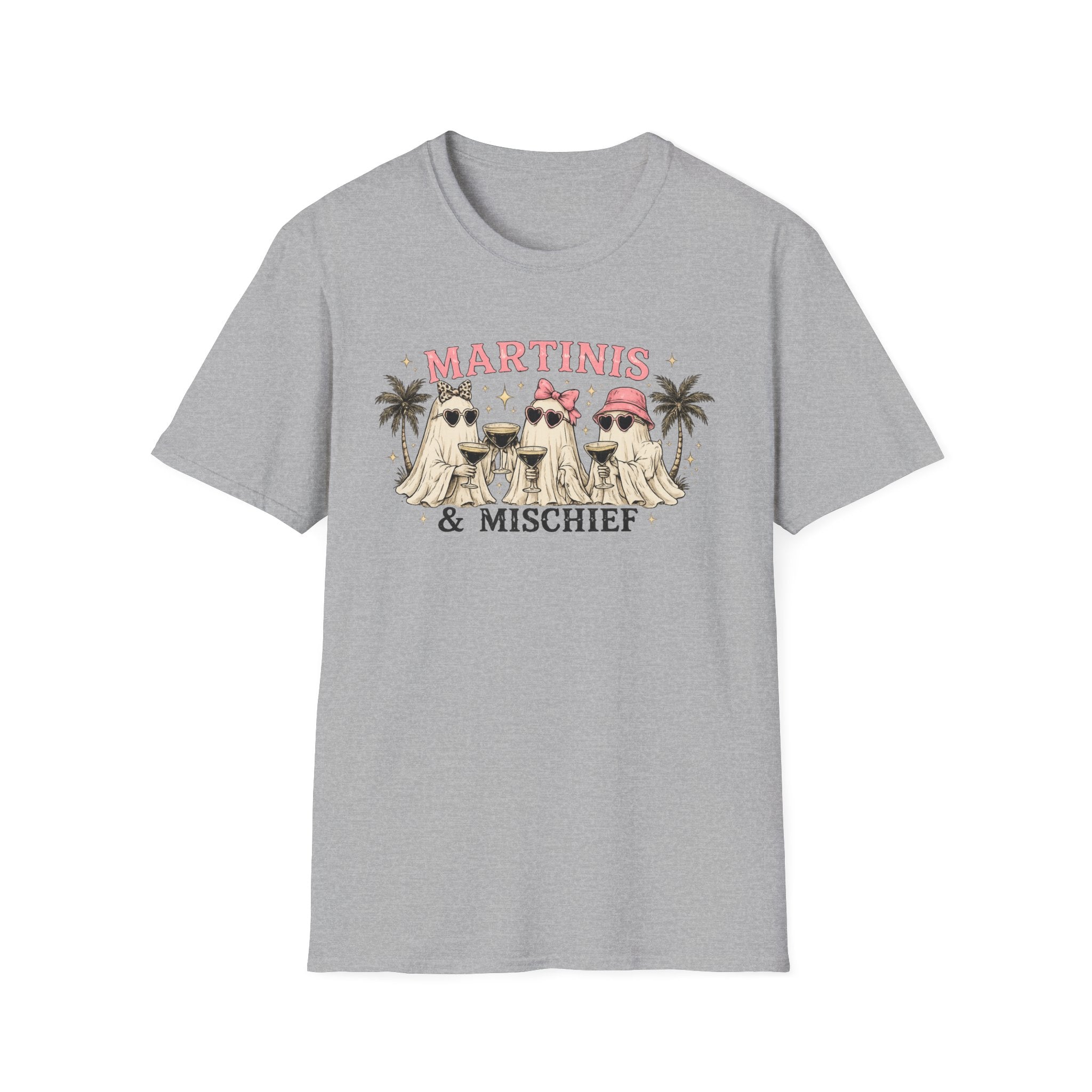 Martinis & Mischief T-Shirt — Funny Ghost Cocktail Tee for Women, Beachy Palm Party Shirt - Boo Crew Boutique