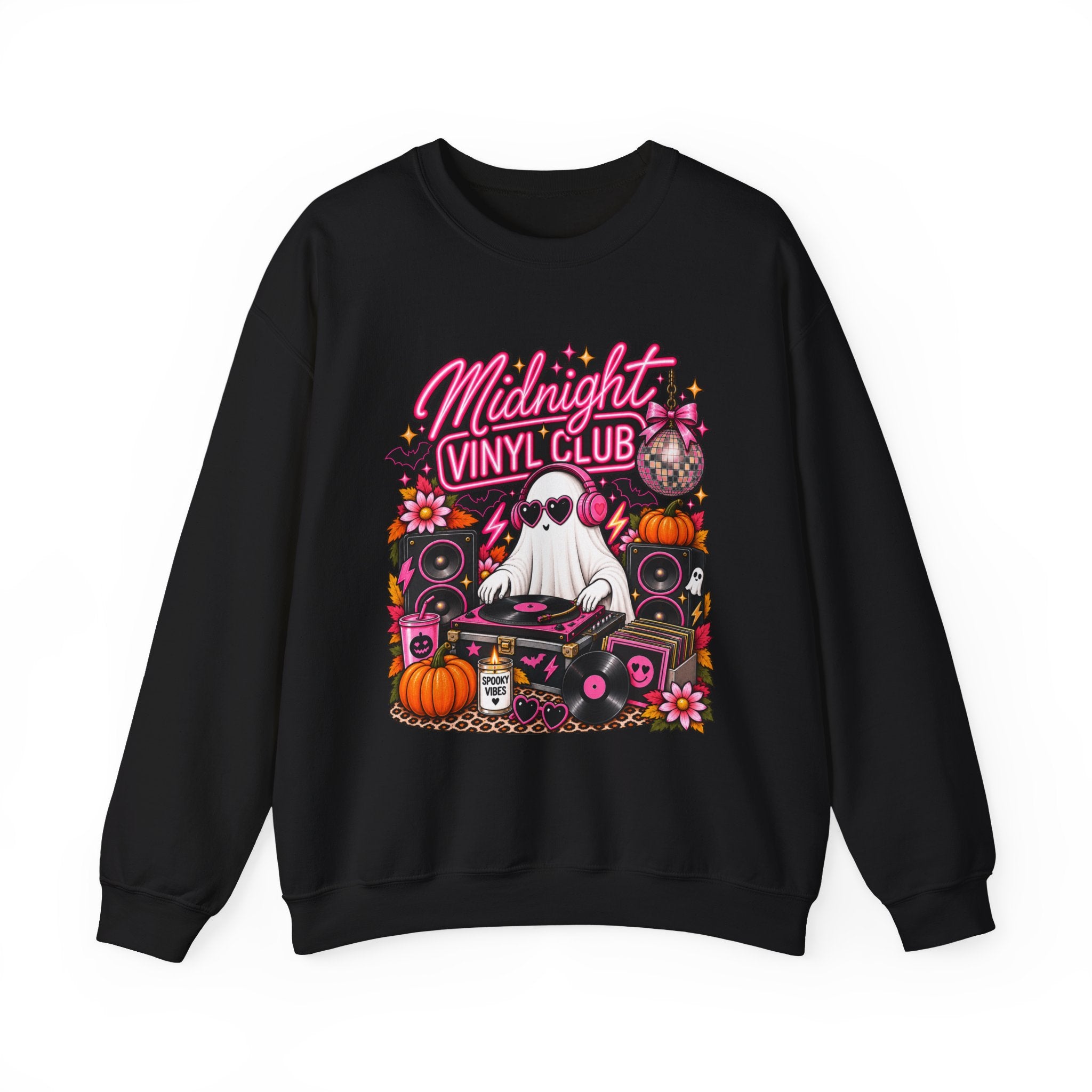 Midnight Vinyl Club Sweatshirt — Retro DJ Ghost Halloween Crewneck - Boo Crew Boutique