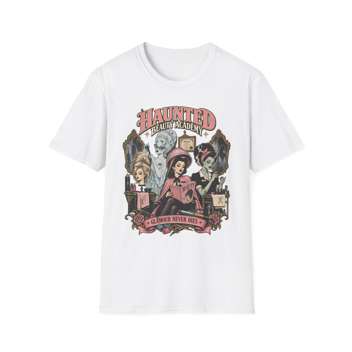Haunted Beauty Academy Tee — Vintage Gothic Halloween T-Shirt - Boo Crew Boutique