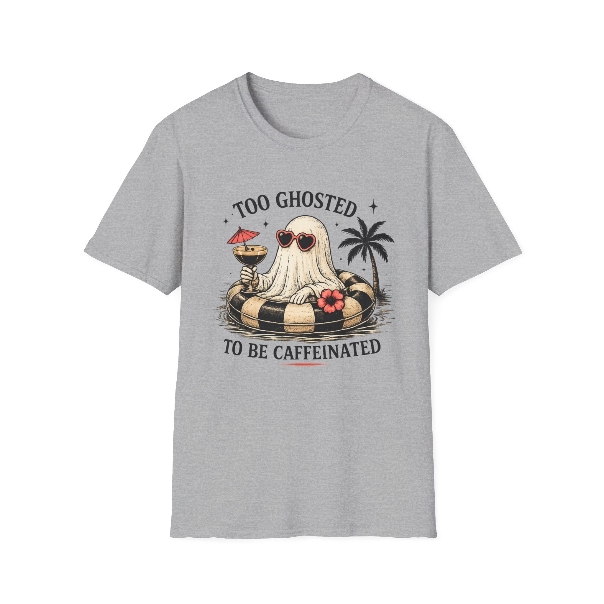 Too Ghosted To Be Caffeinated T-Shirt — Funny Retro Ghost Palm Tree Tee