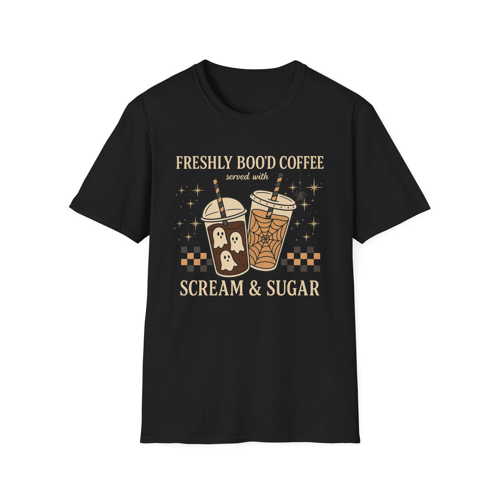 Coffee Drinks T-Shirt — "Freshly Booot Coffee: Scream & Sugar" Cute Spooky Boba Graphic Tee - Boo Crew Boutique