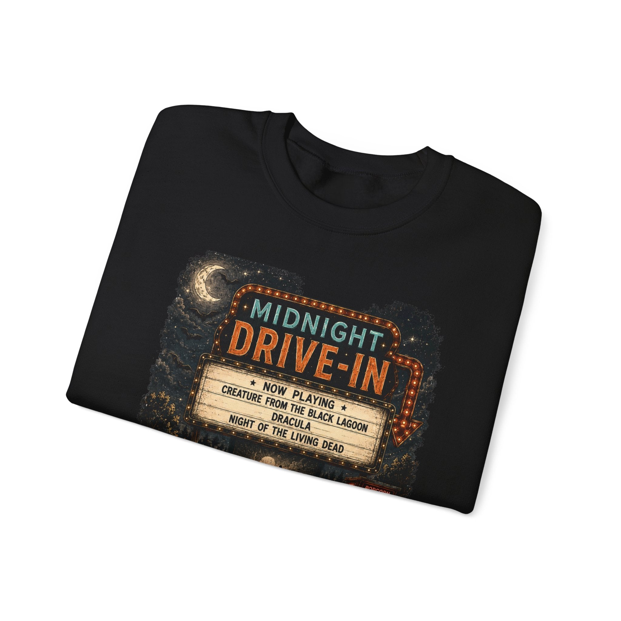 Midnight Drive-In Crewneck Sweatshirt — Vintage Horror Marquee Graphic