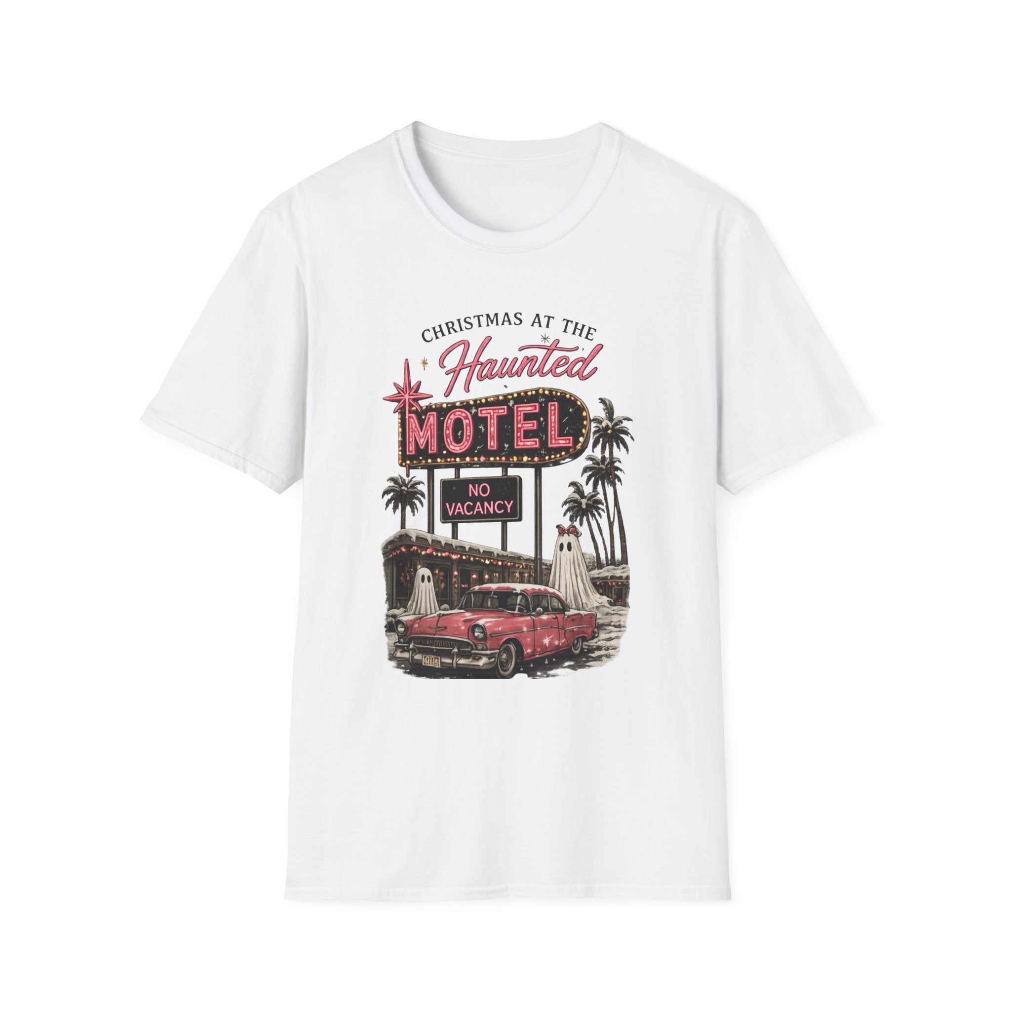 Christmas at the Haunted Motel T-Shirt — Vintage Neon Holiday Tee - Boo Crew Boutique