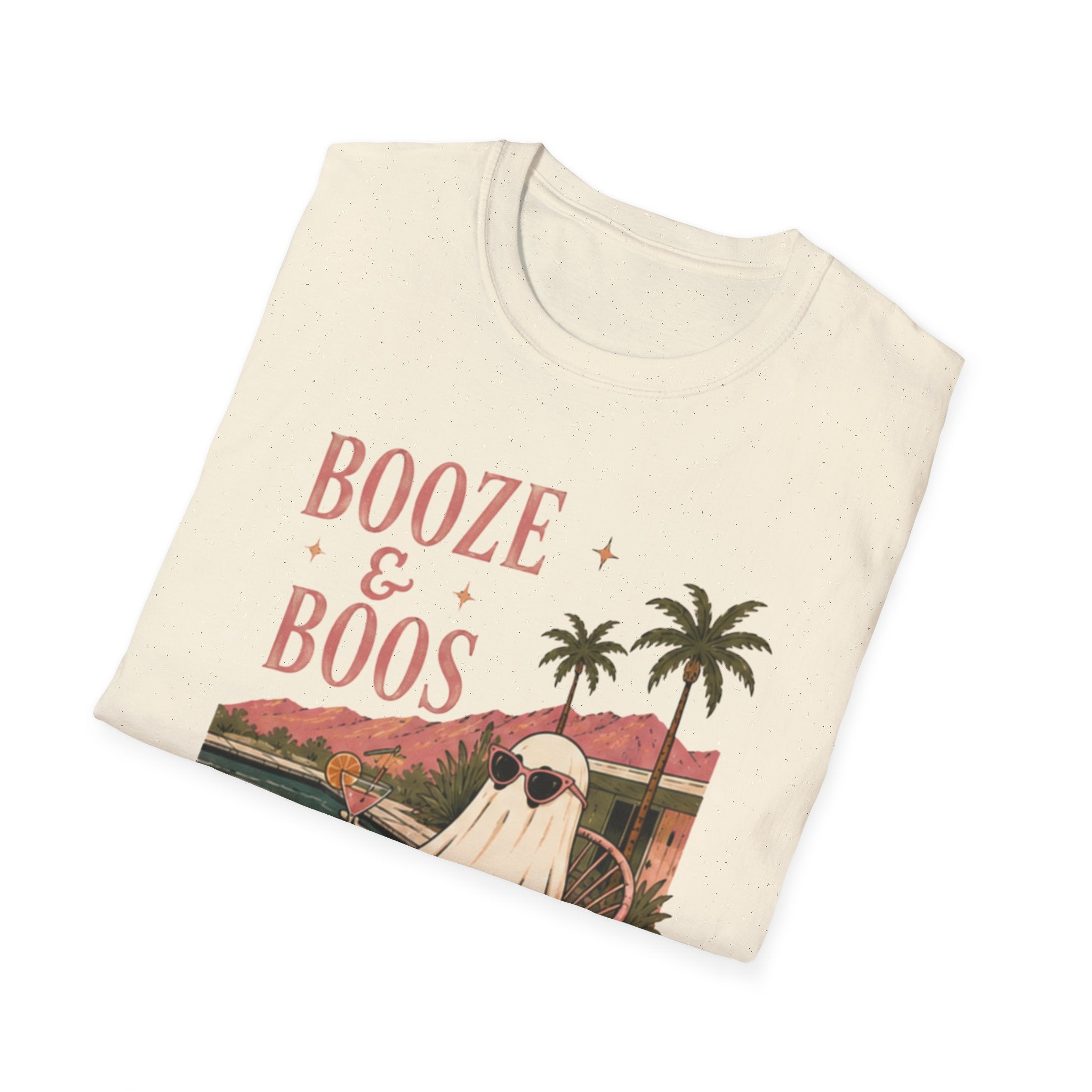 Booze & Boos T‑Shirt — Retro Palm Tree Ghost Graphic - Boo Crew Boutique