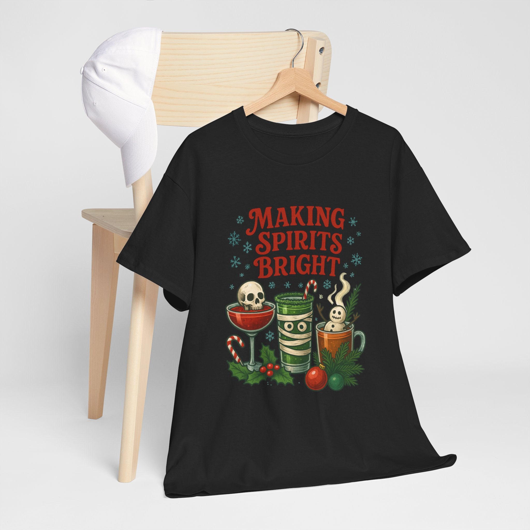 Holiday Cocktail Tee, Festive Cotton Shirt, Making Spirits Bright Tee, Spooky Xmas Tee, Cute Gift Idea, Gift for Cocktail Lover - Boo Crew Boutique