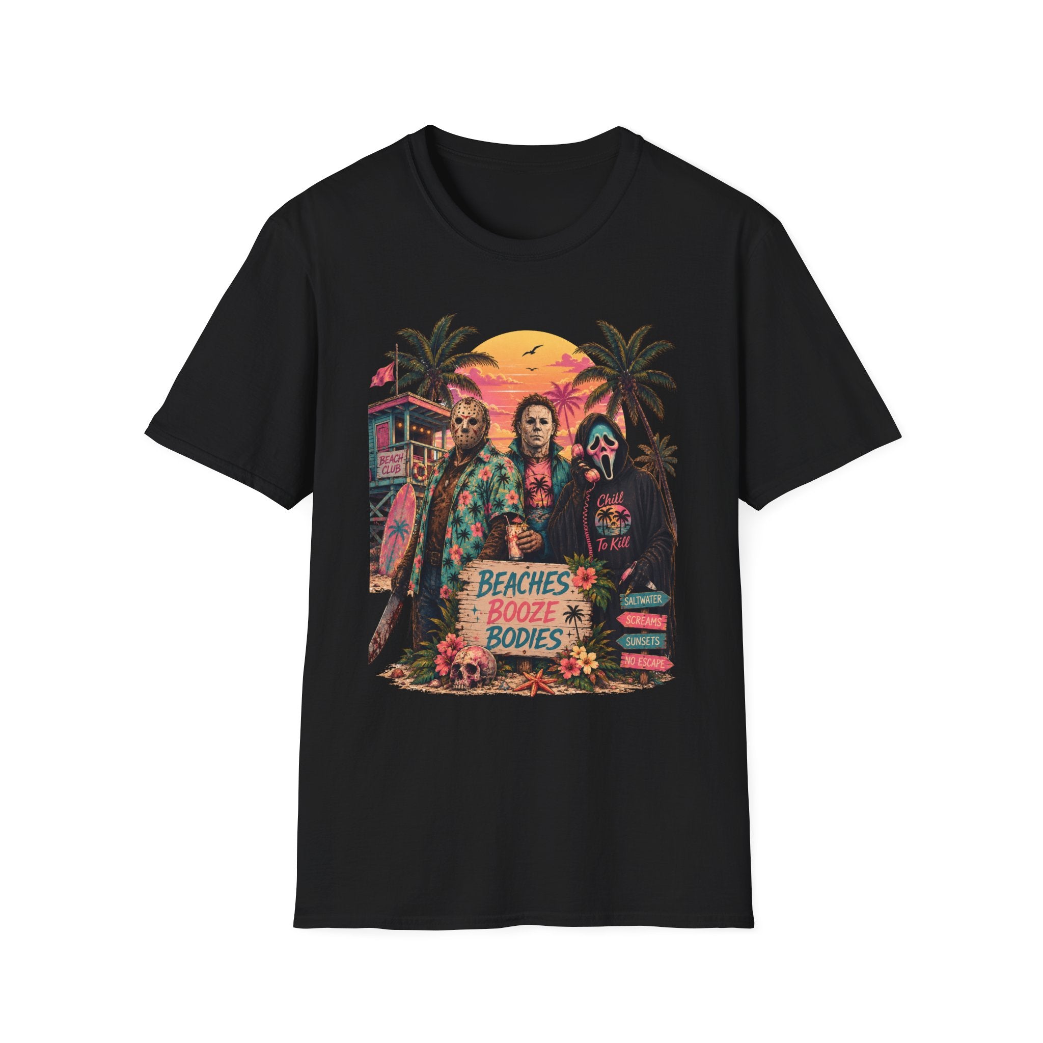 Horror Beach T-Shirt — 'Beaches, Booze & Bodies' Retro Sunset Graphic - Boo Crew Boutique