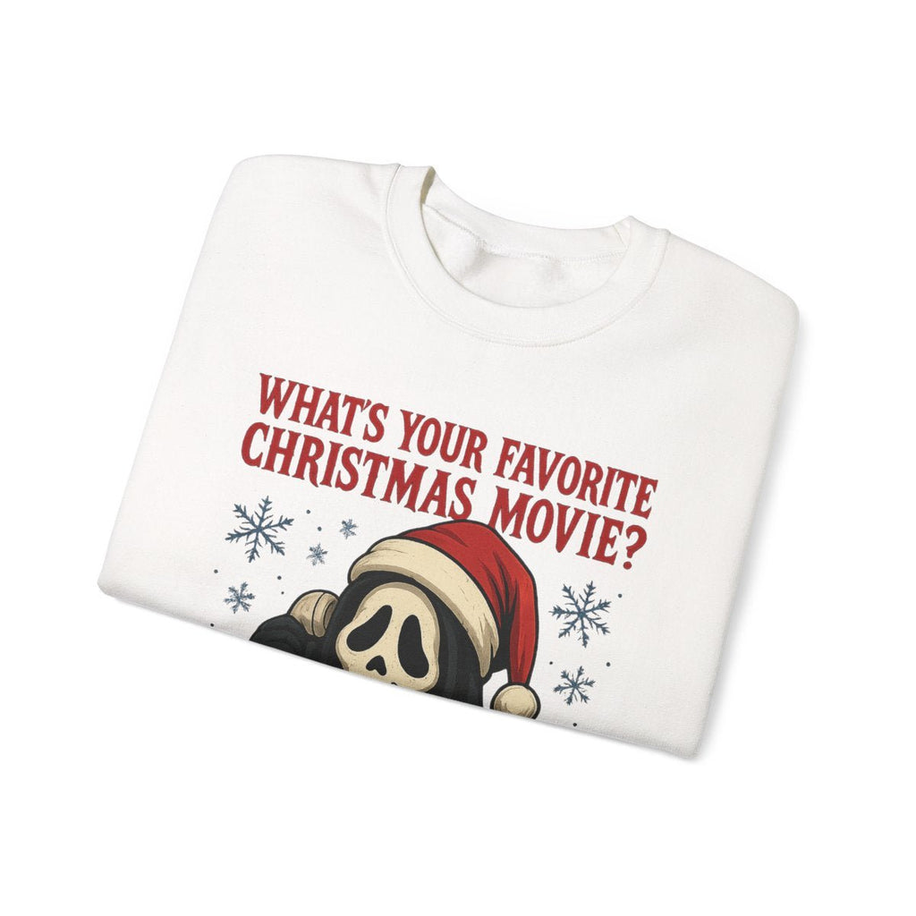 Horror Christmas Sweatshirt — "What's Your Favorite Christmas Movie?" Scream Mask Holiday Crewneck - Boo Crew Boutique