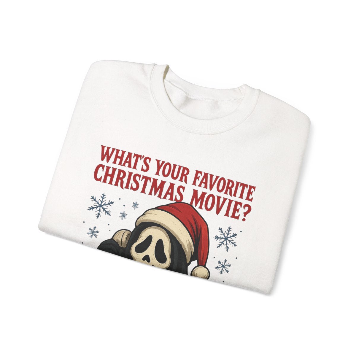 Horror Christmas Sweatshirt — "What's Your Favorite Christmas Movie?" Scream Mask Holiday Crewneck - Boo Crew Boutique