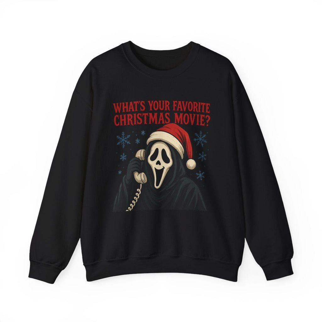 Horror Christmas Sweatshirt — "What's Your Favorite Christmas Movie?" Scream Mask Holiday Crewneck - Boo Crew Boutique