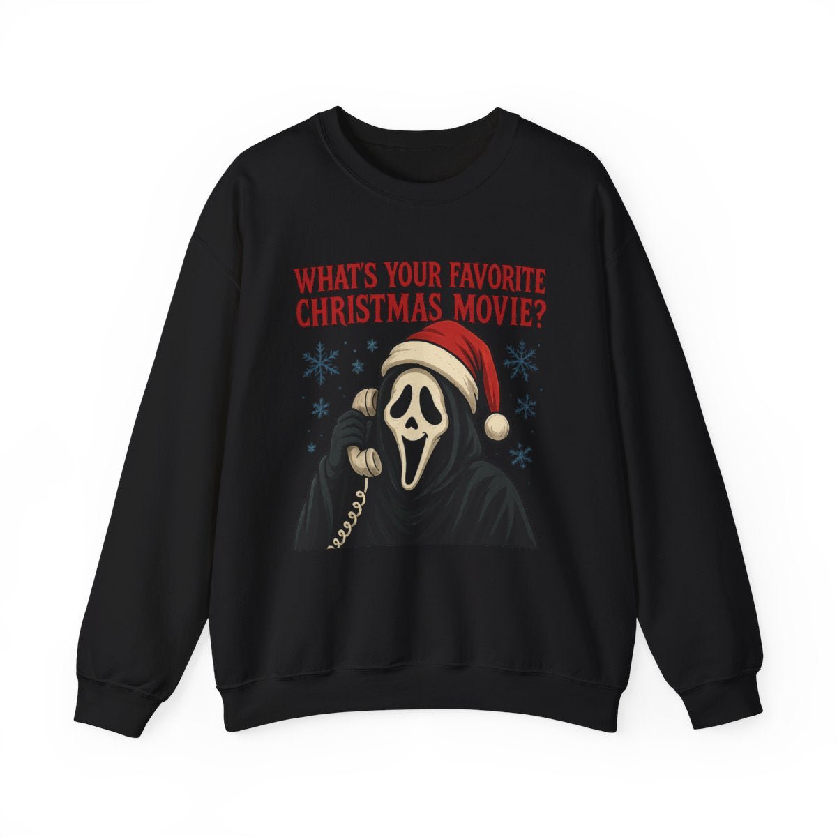 Horror Christmas Sweatshirt — "What's Your Favorite Christmas Movie?" Scream Mask Holiday Crewneck - Boo Crew Boutique