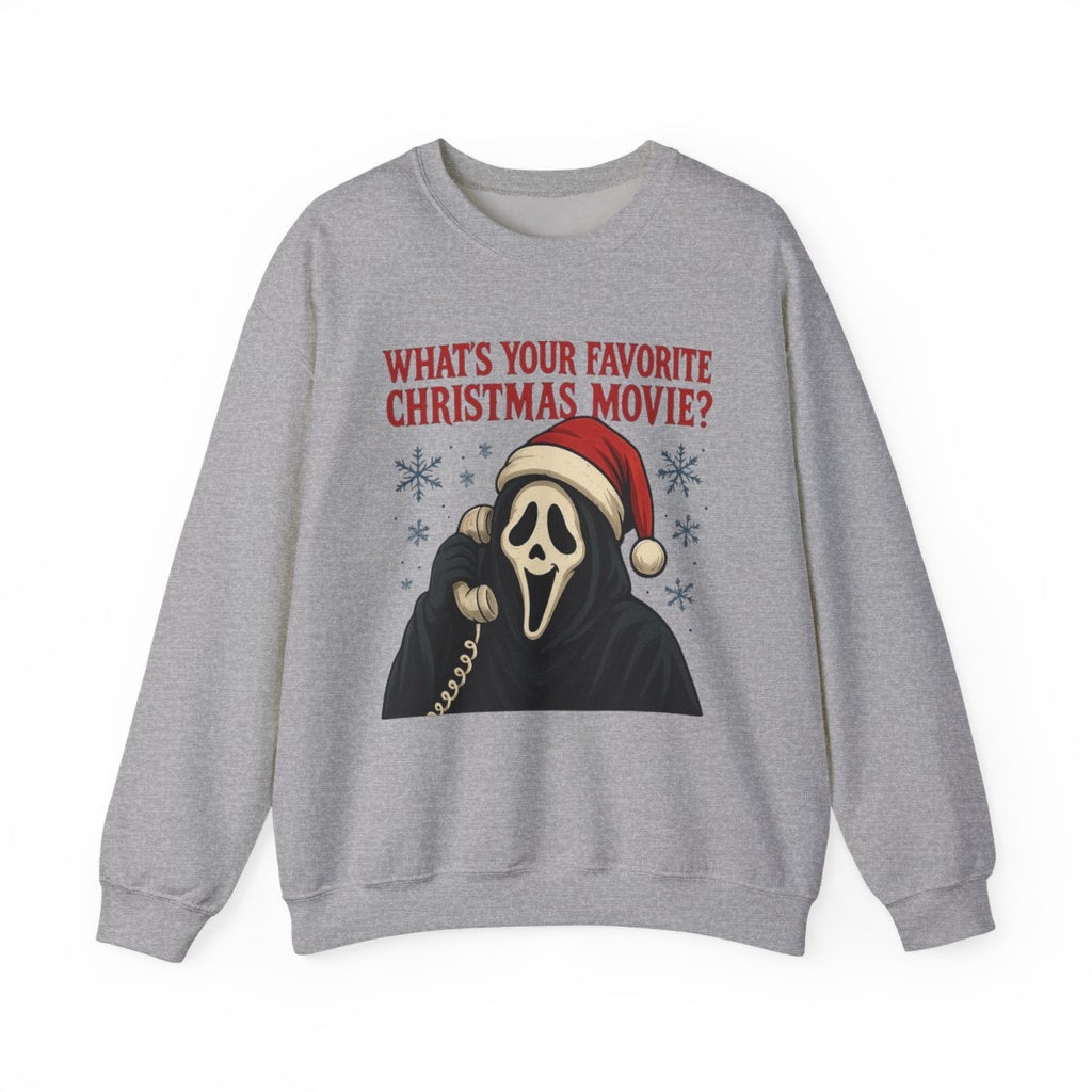 Horror Christmas Sweatshirt — "What's Your Favorite Christmas Movie?" Scream Mask Holiday Crewneck - Boo Crew Boutique