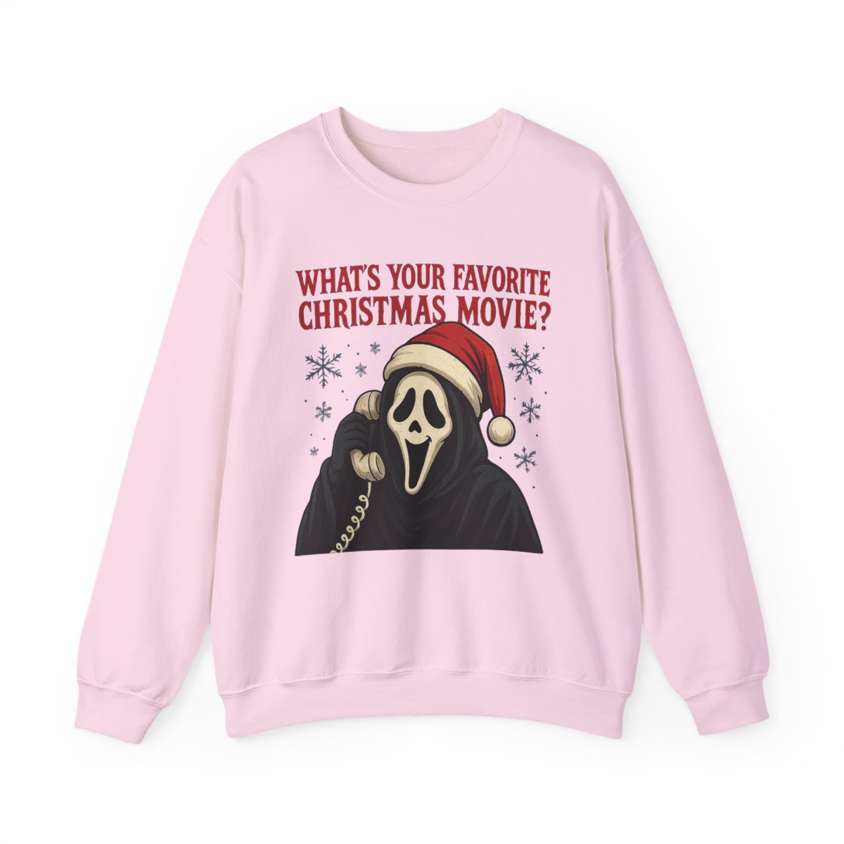 Horror Christmas Sweatshirt — "What's Your Favorite Christmas Movie?" Scream Mask Holiday Crewneck - Boo Crew Boutique
